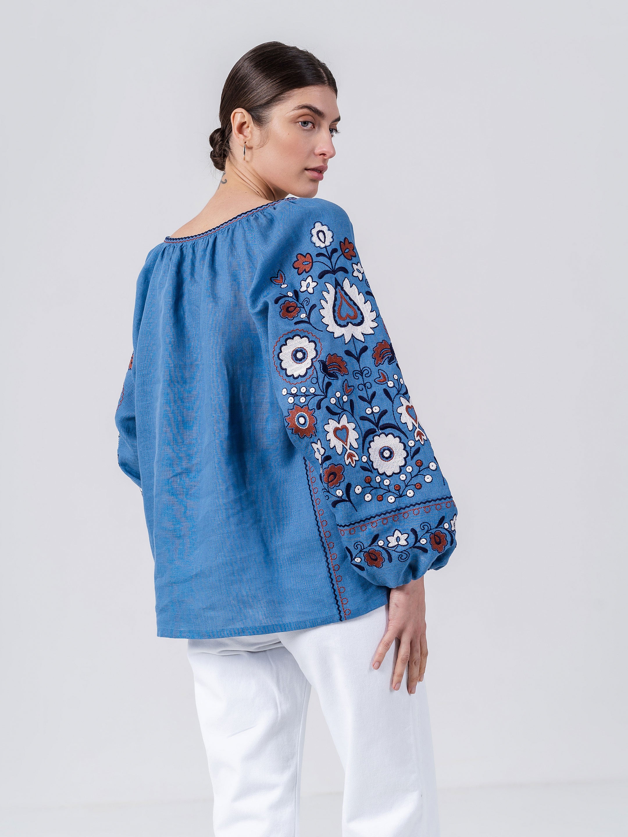 Blue embroidered shirt with floral ornament Fialka