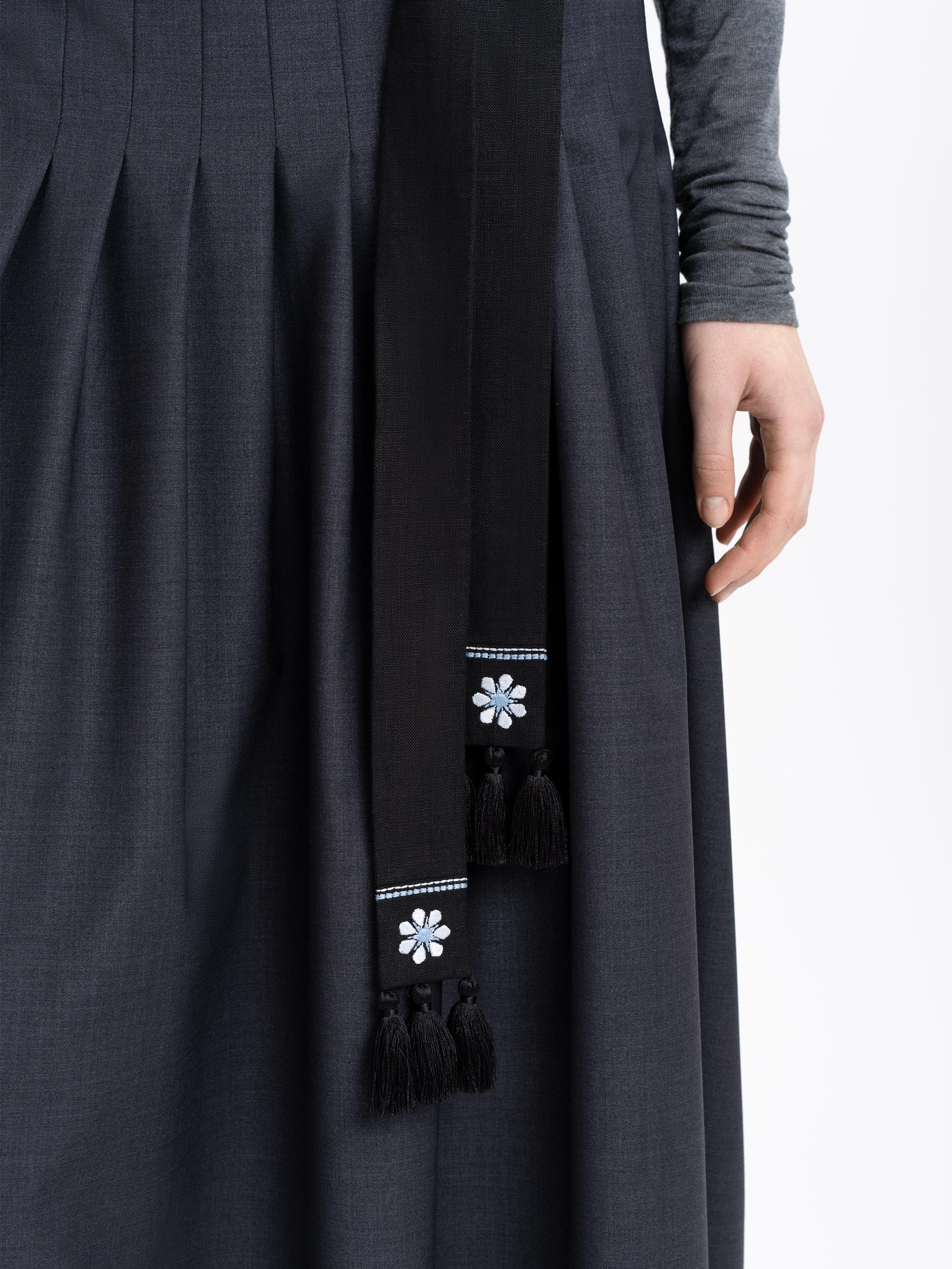 Black linen belt with blue embroidery "Flora"
