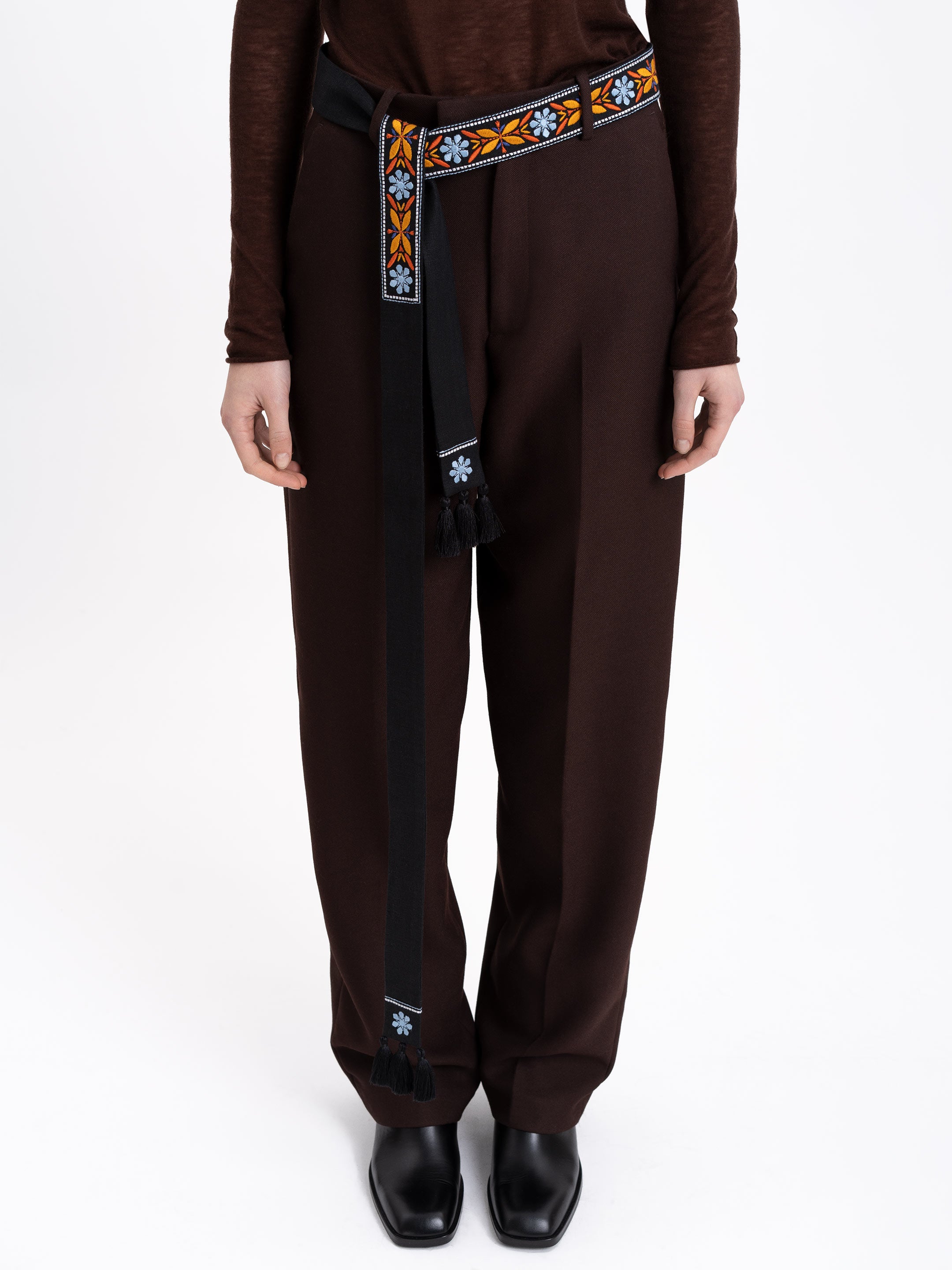 Black linen belt with orange embroidery "Flora"