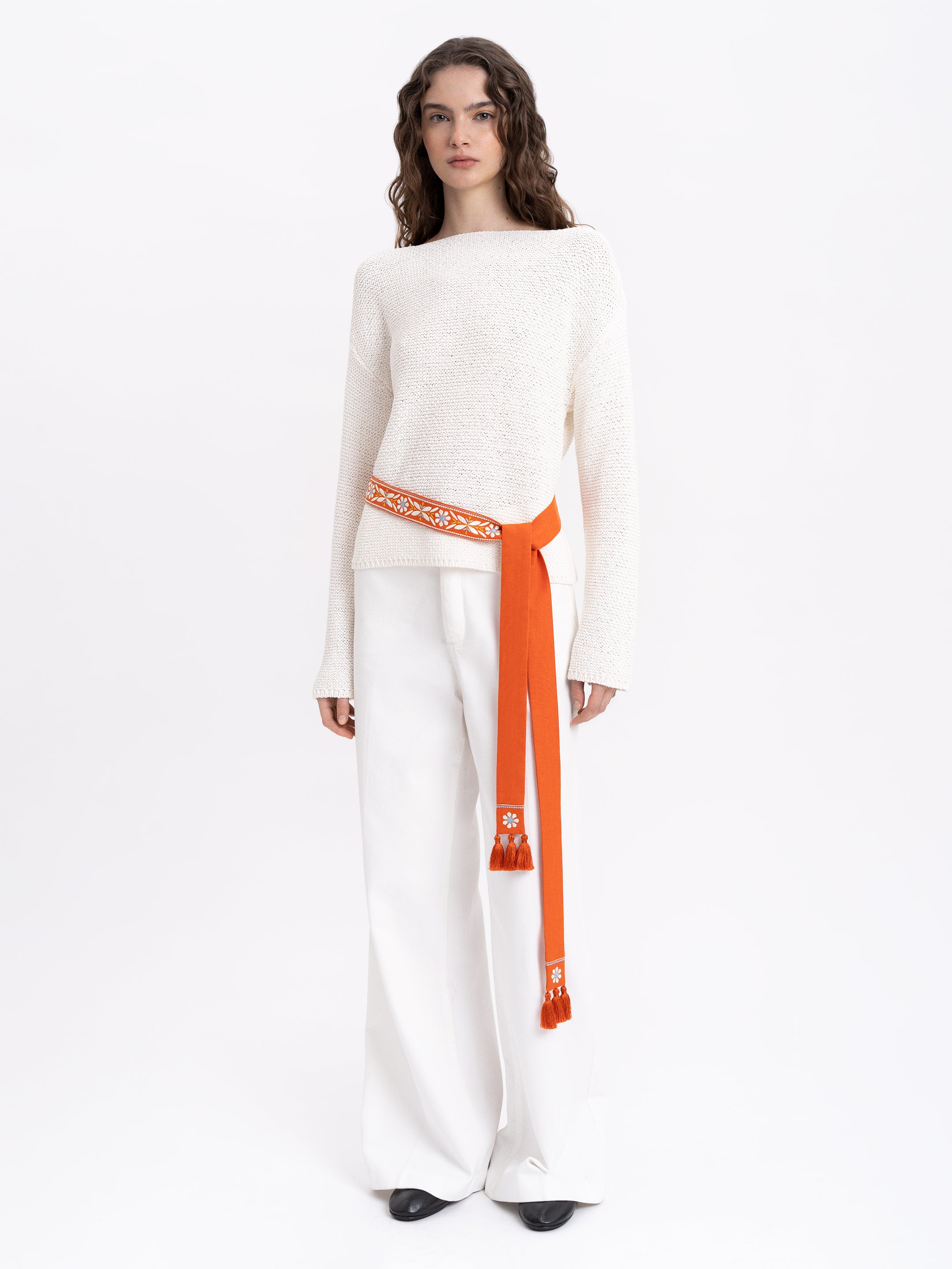 Linen embroidered belt in carrot color "Flora"