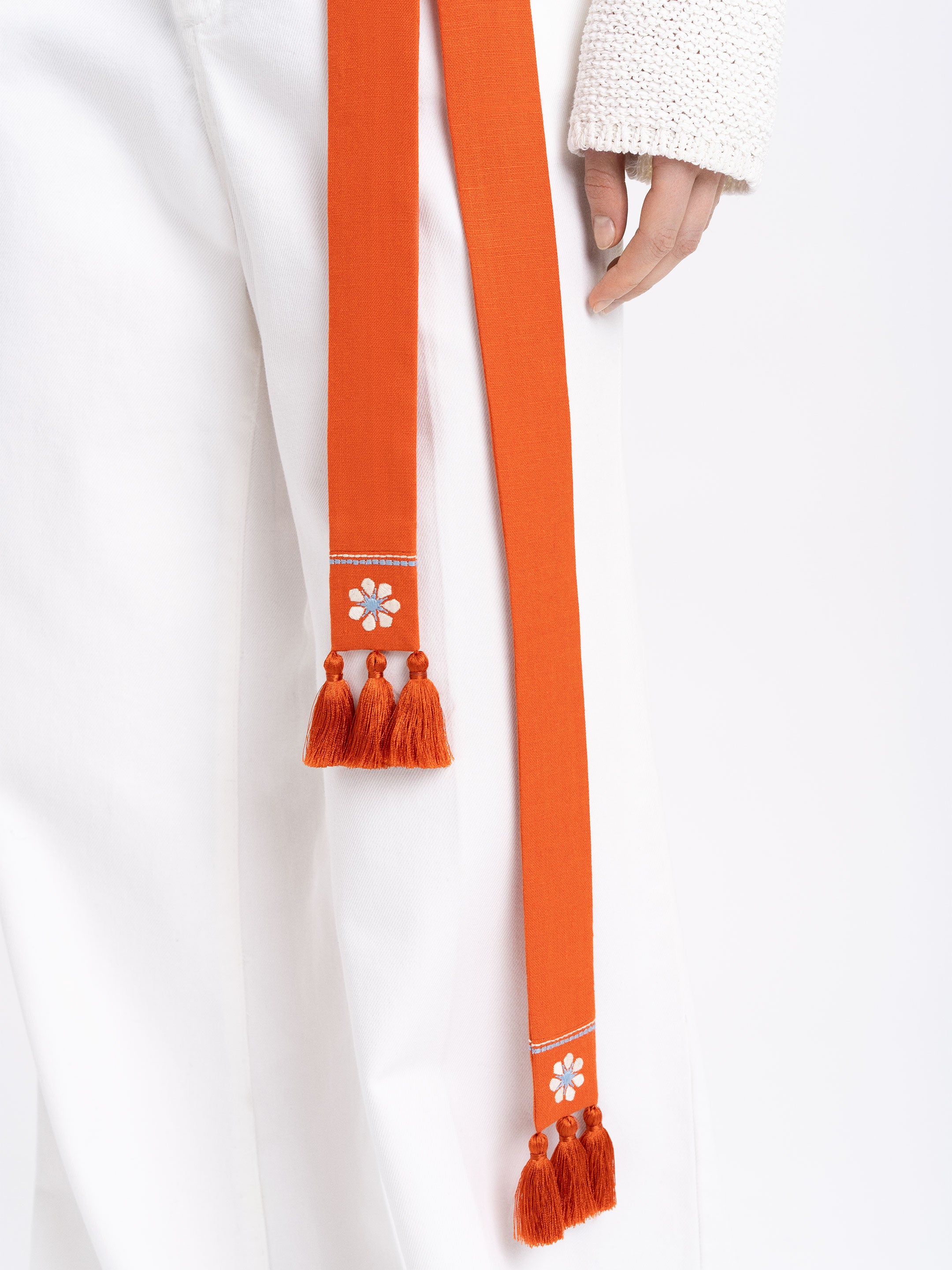Linen embroidered belt in carrot color "Flora"