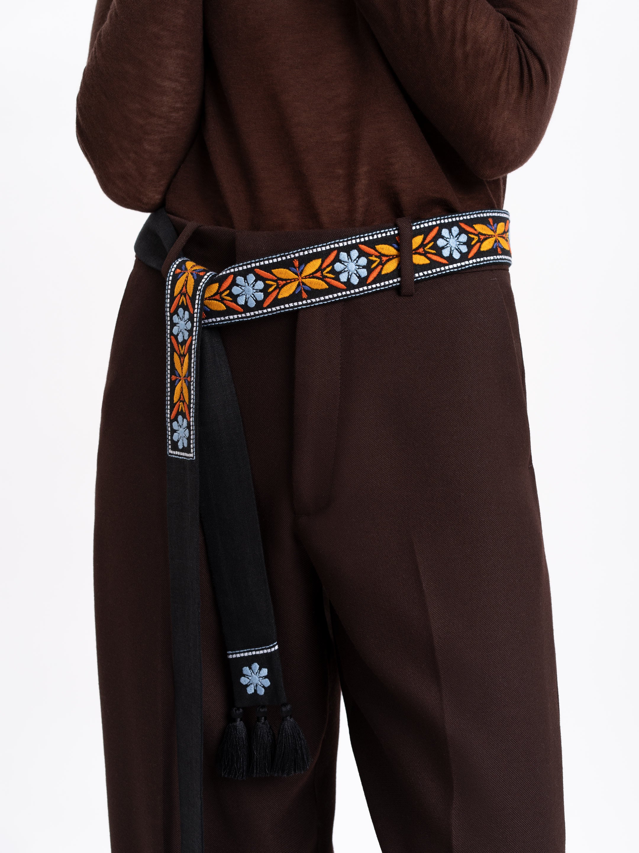 Black linen belt with orange embroidery "Flora"