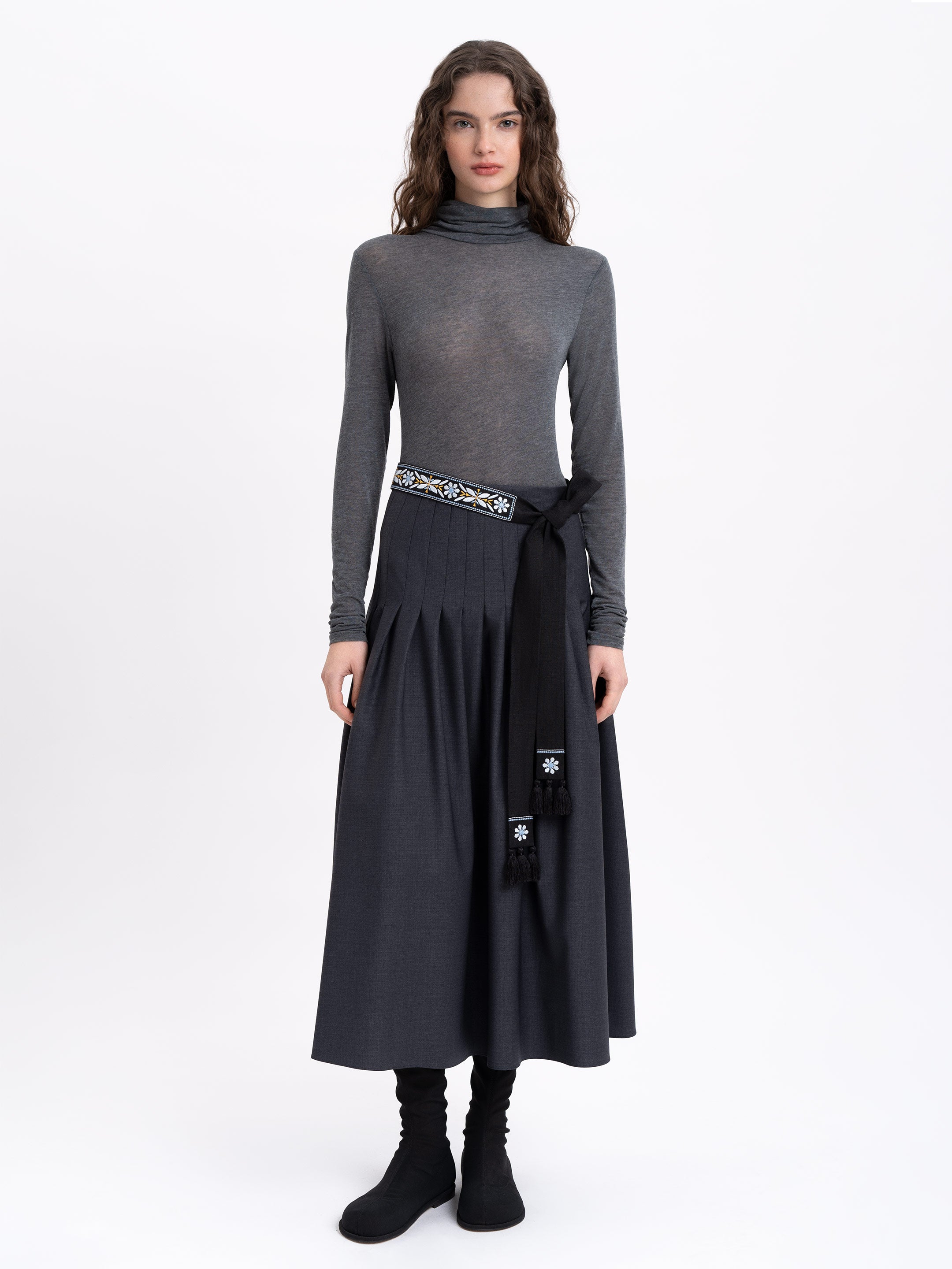 Black linen belt with blue embroidery "Flora"