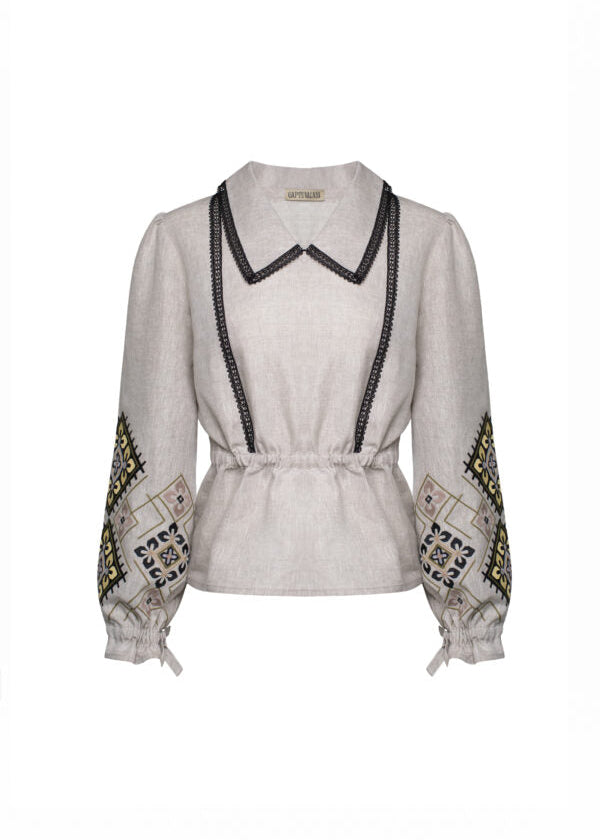 Blouse with designer embroidery “Flower geometry” on gray canvas