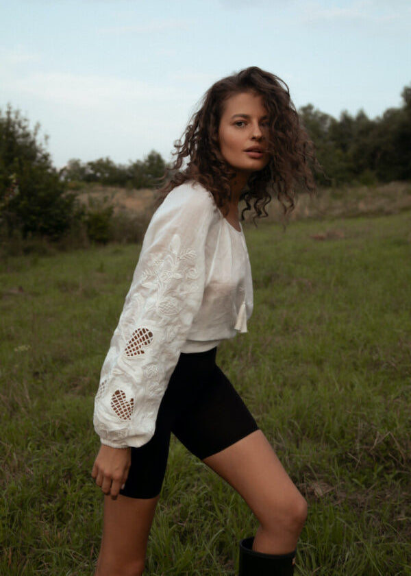 Blouse inspired by a traditional shirt with designer embroidery