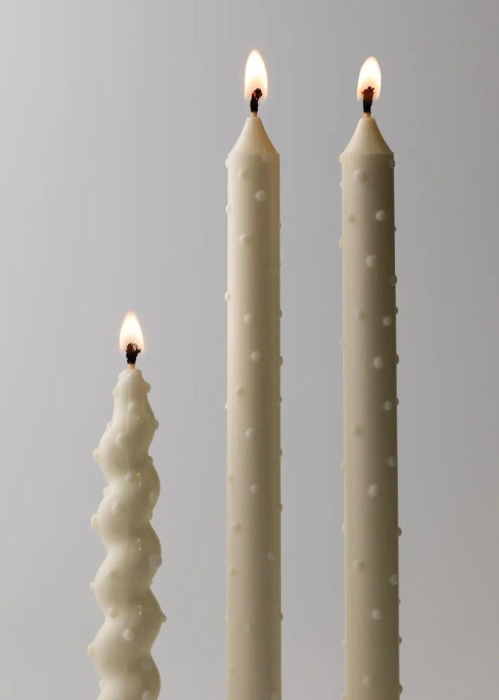 Dotted Taper Candles, Full Set of 3, White & white