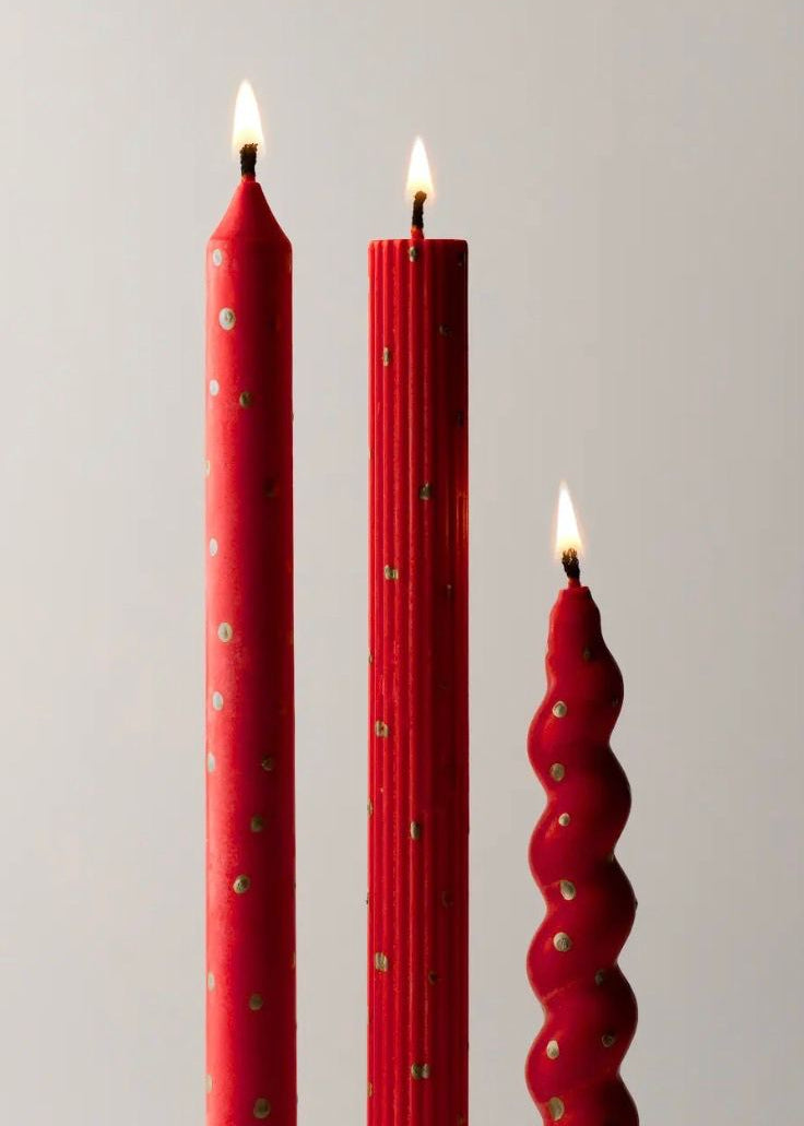 Dotted Taper Candles, Full Set of 3, Red & gold