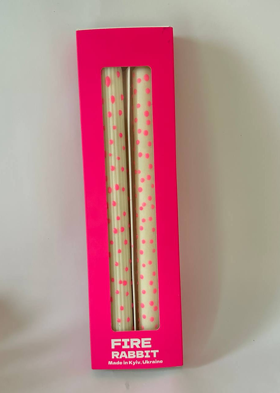 Dotted Taper Candles, Set of 2, White & pink