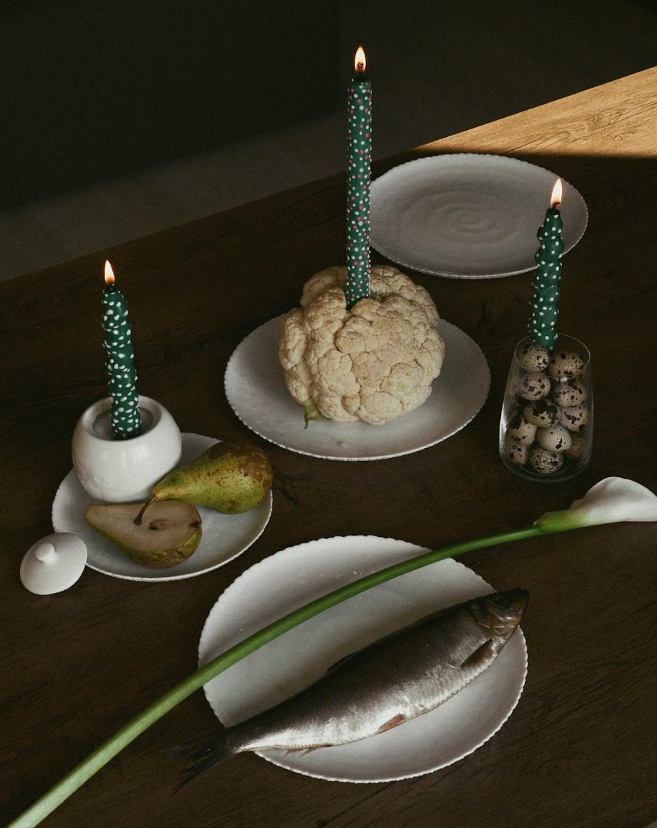 Dotted Taper Candles, Full Set of 3, Green