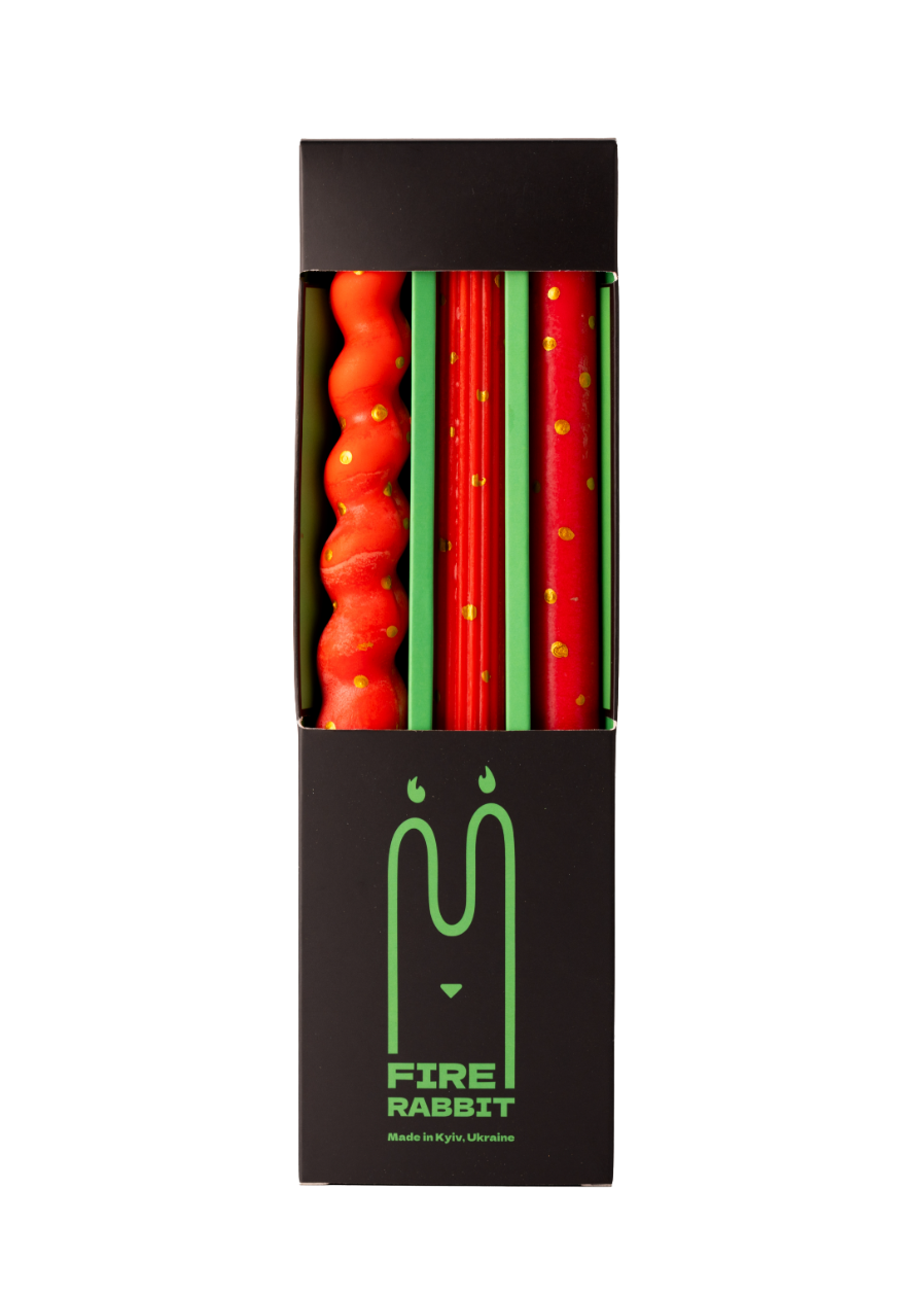 Dotted Taper Candles, Full Set of 3, Red & gold