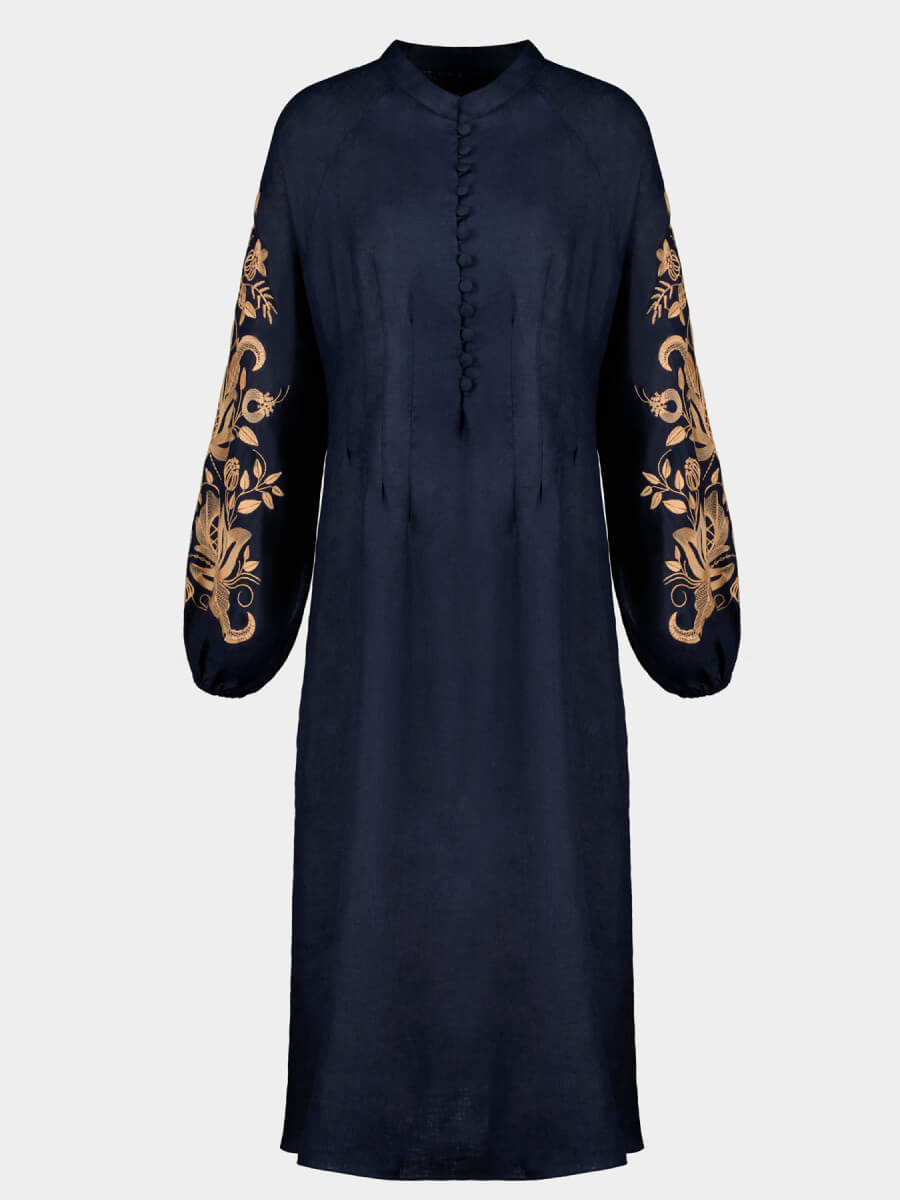 Dress based on the motifs of a traditional shirt with designer embroidery