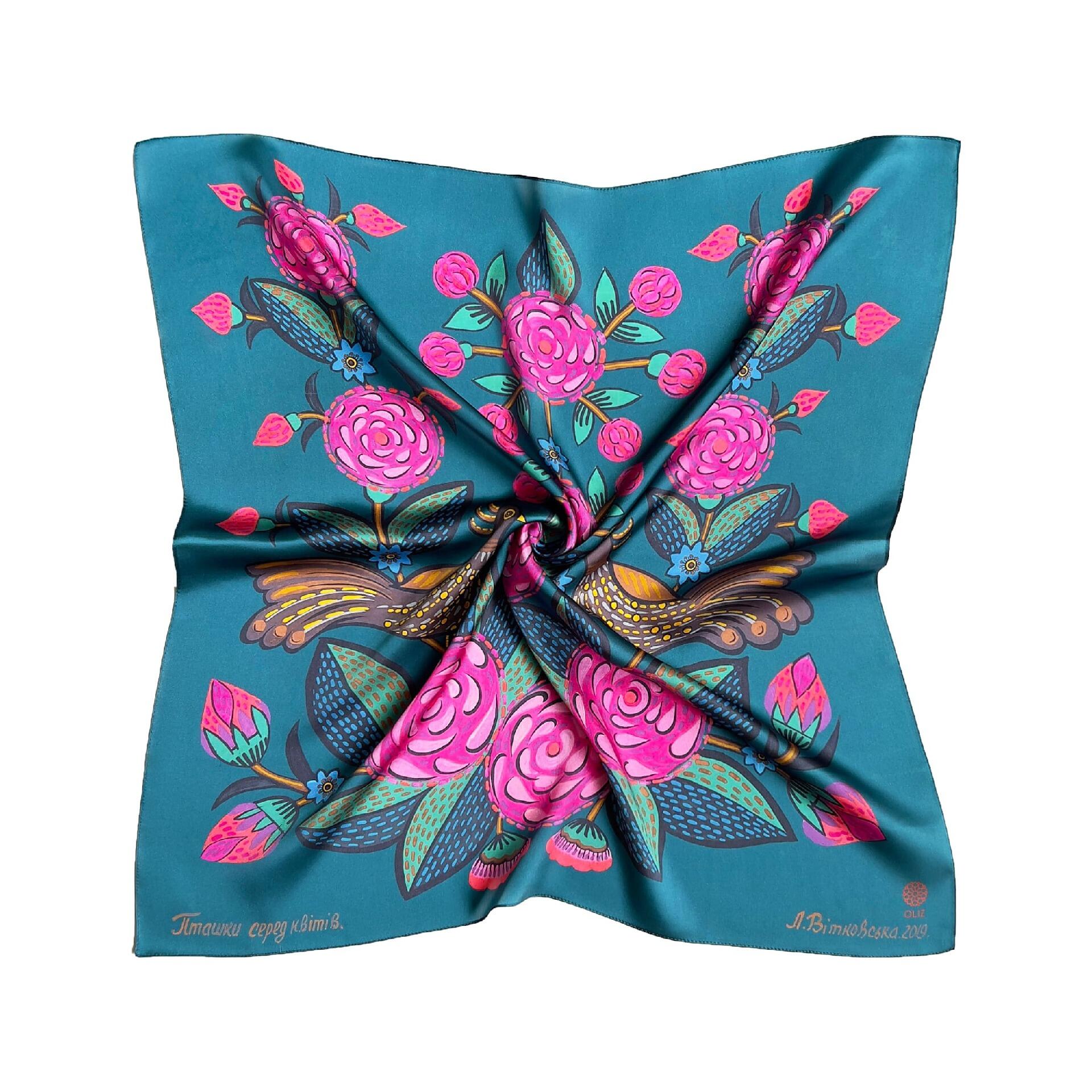 Silk scarf "Birds among flowers"