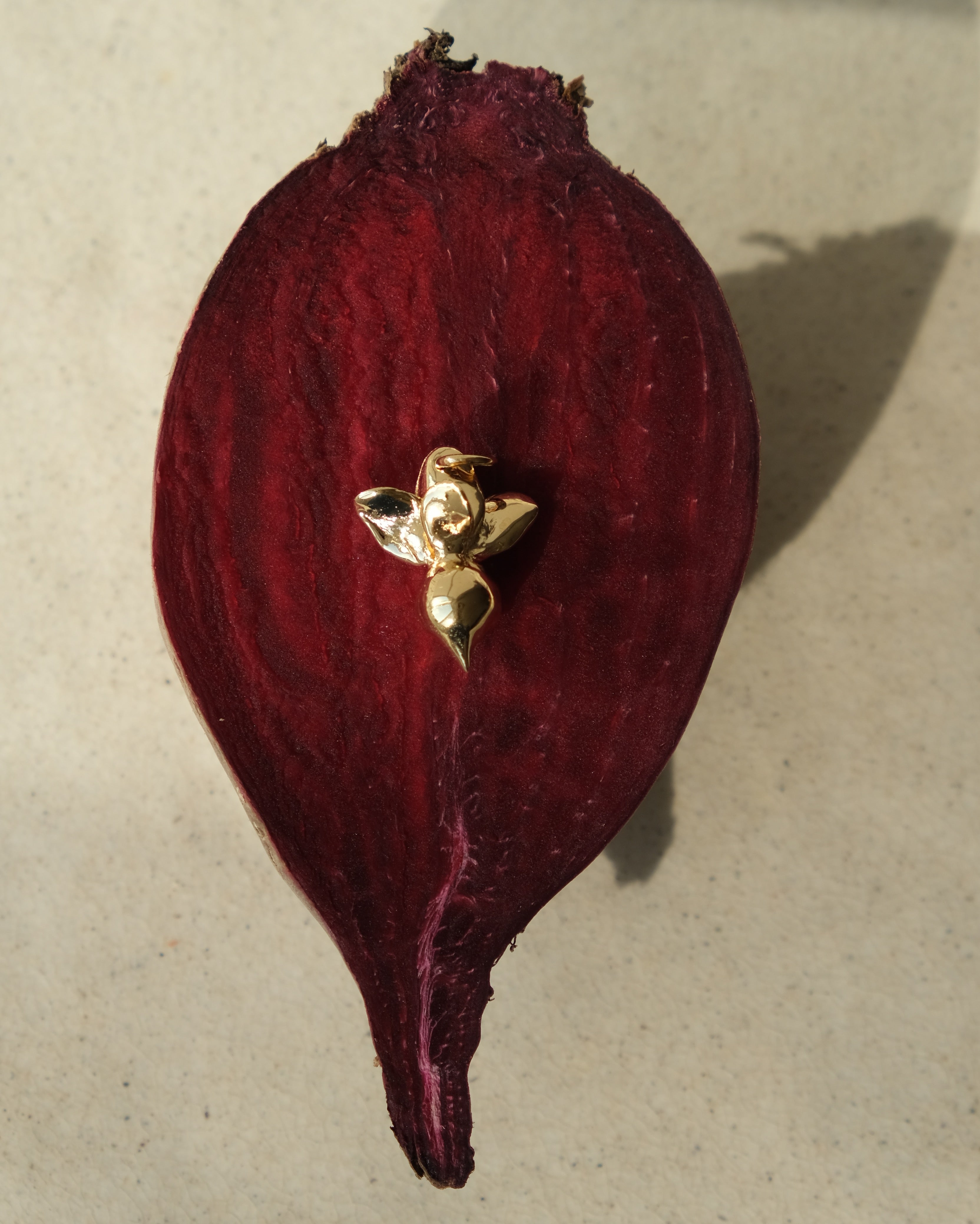 "Beetroot" pendant on a cord (brass, gold plating)