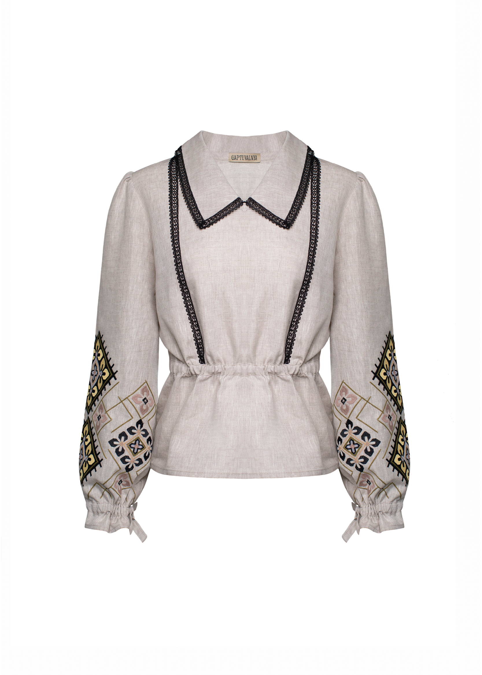 Classic women’s shirt decorated with designer embroidery grey