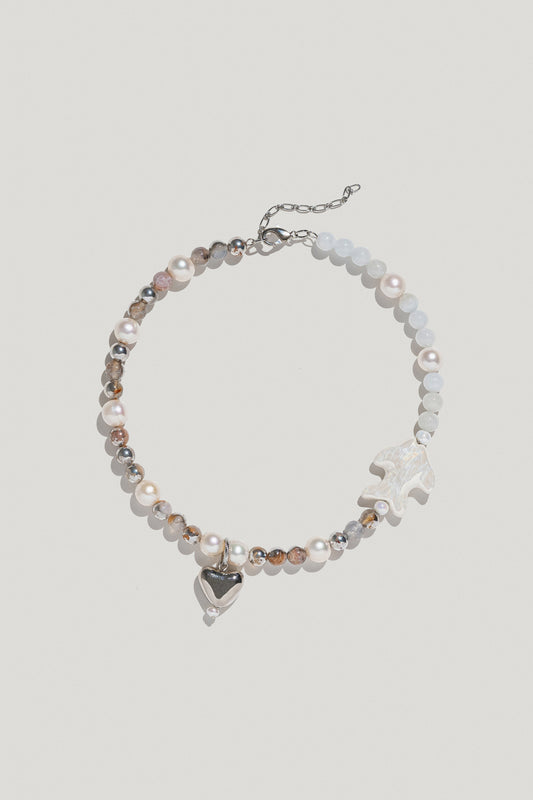 Necklace "Khvyli" with agate, pearls, heart and fish