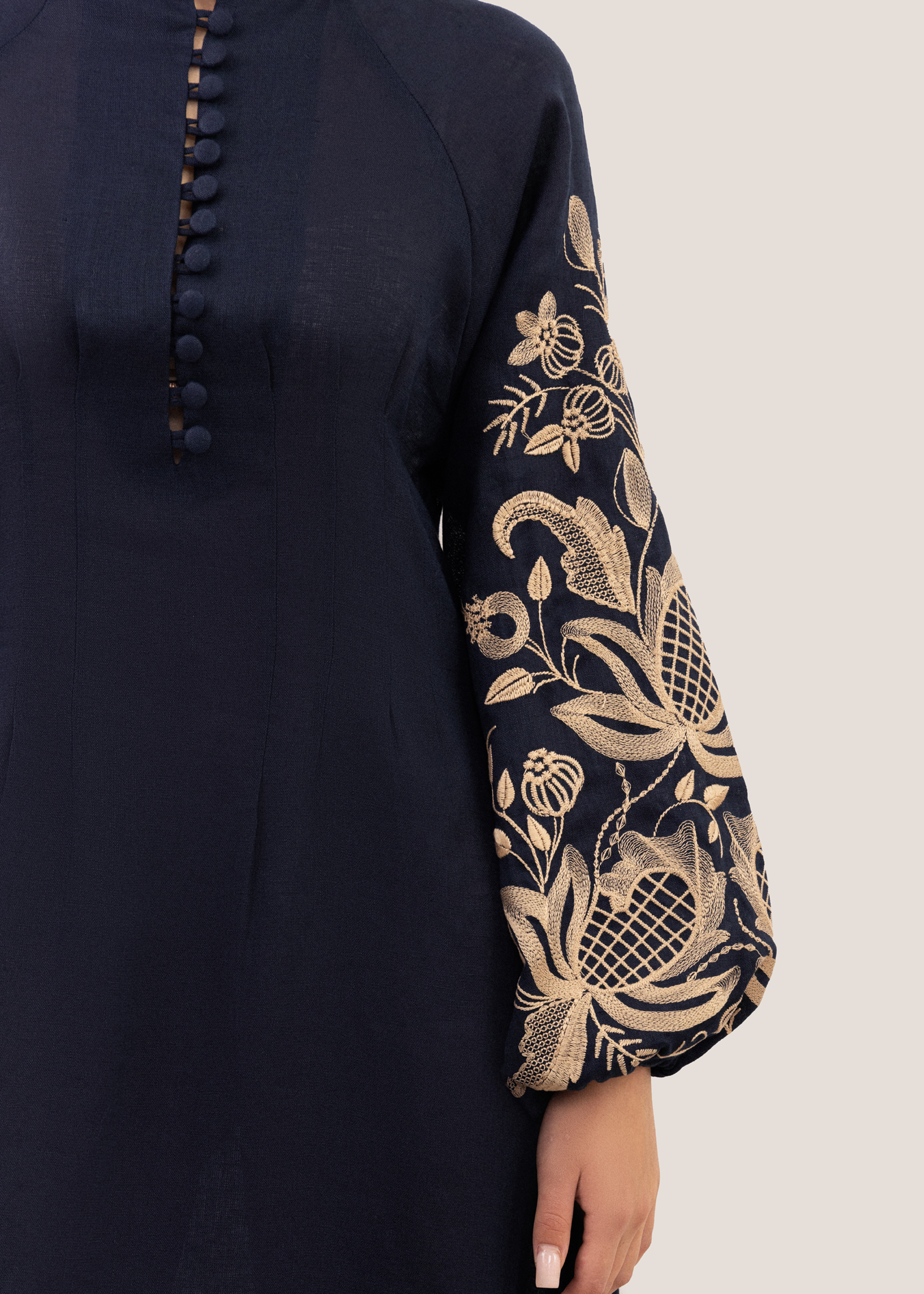 Dress based on the motifs of a traditional shirt with designer embroidery dark blue
