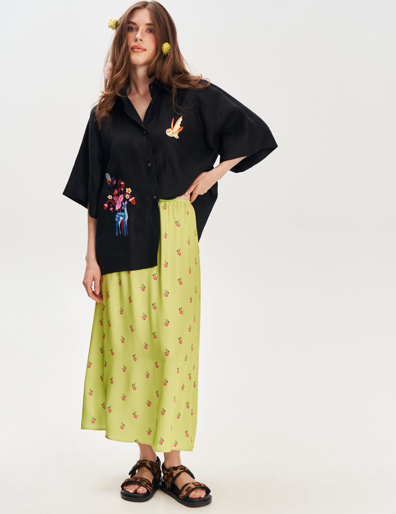"Forest Tale" Embroidered Linen Shirt, Black