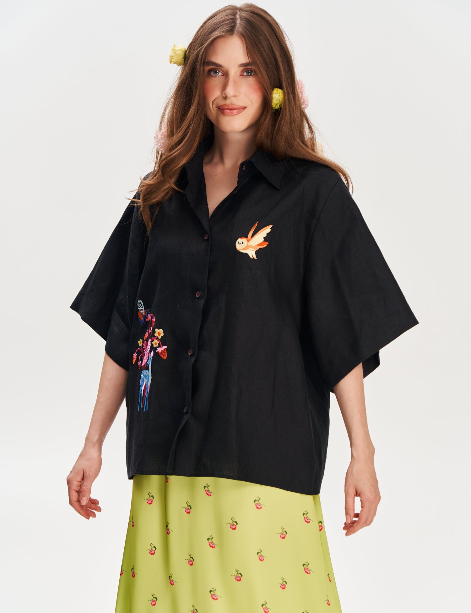 "Forest Tale" Embroidered Linen Shirt, Black