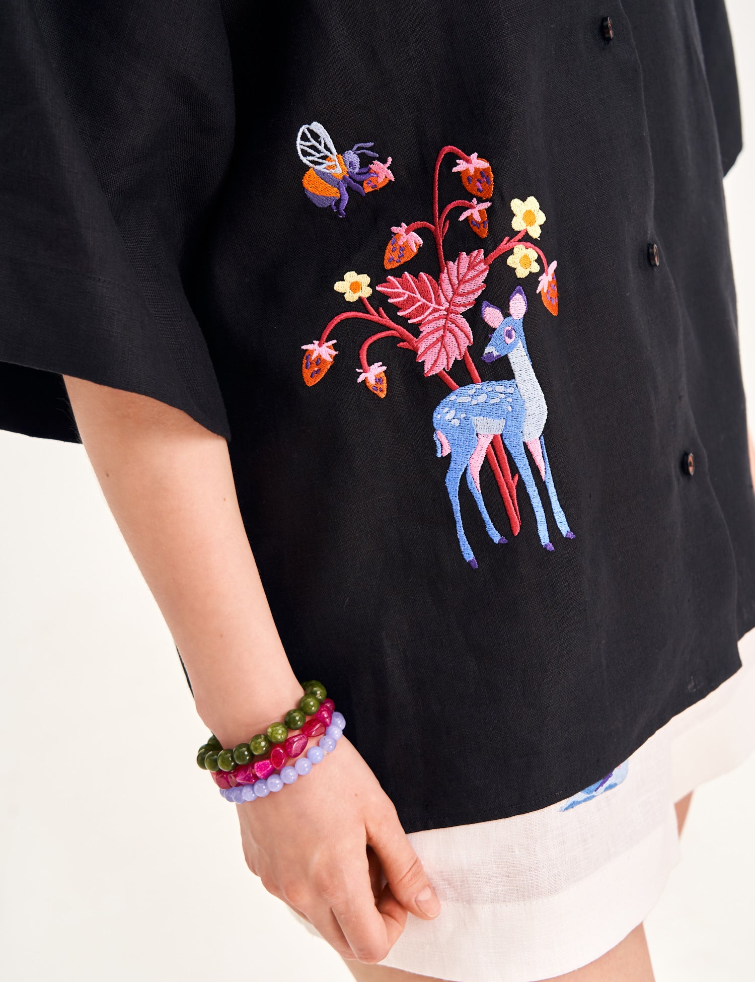 "Forest Tale" Embroidered Linen Shirt, Black