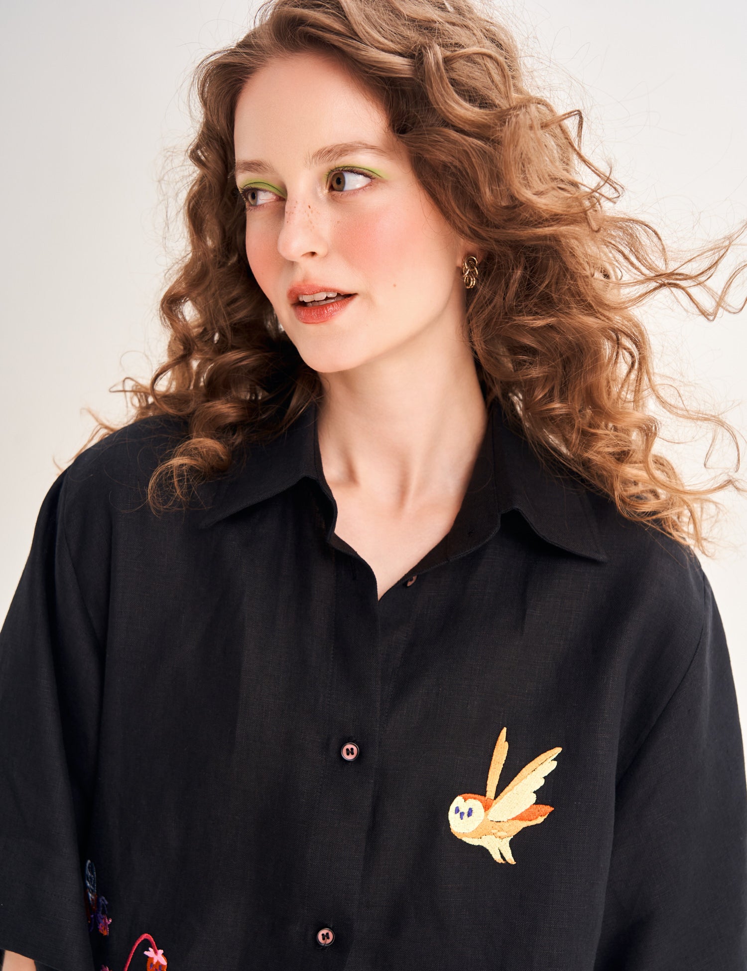 "Forest Tale" Embroidered Linen Shirt, Black