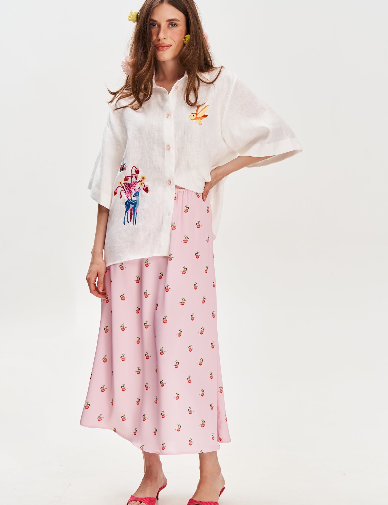 "Forest Tale" Embroidered Linen Shirt, White