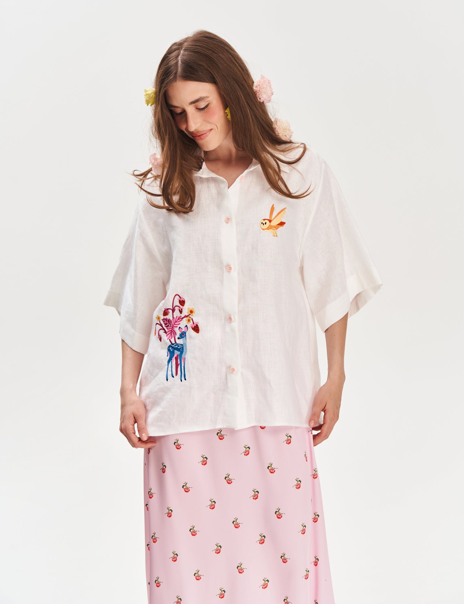 "Forest Tale" Embroidered Linen Shirt, White