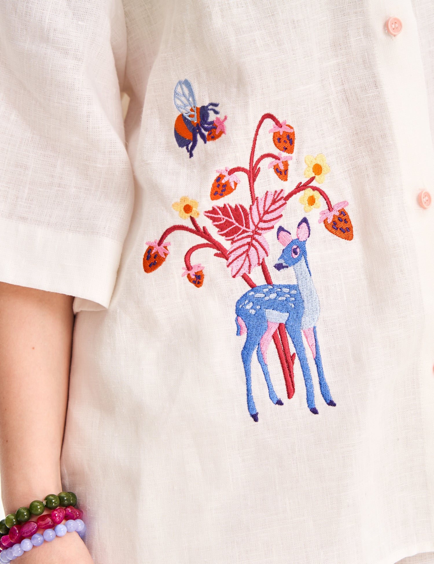 "Forest Tale" Embroidered Linen Shirt, White