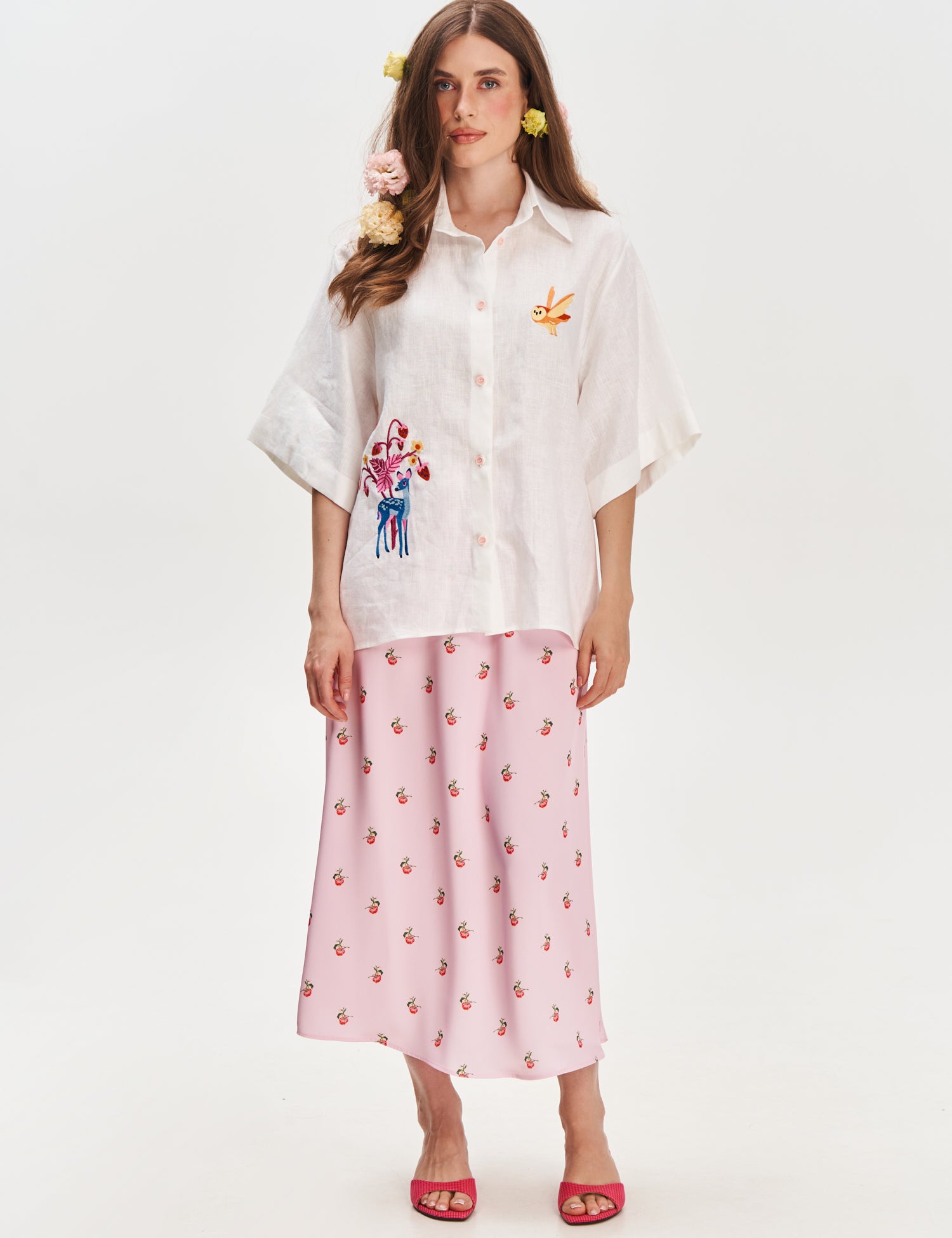"Forest Tale" Embroidered Linen Shirt, White