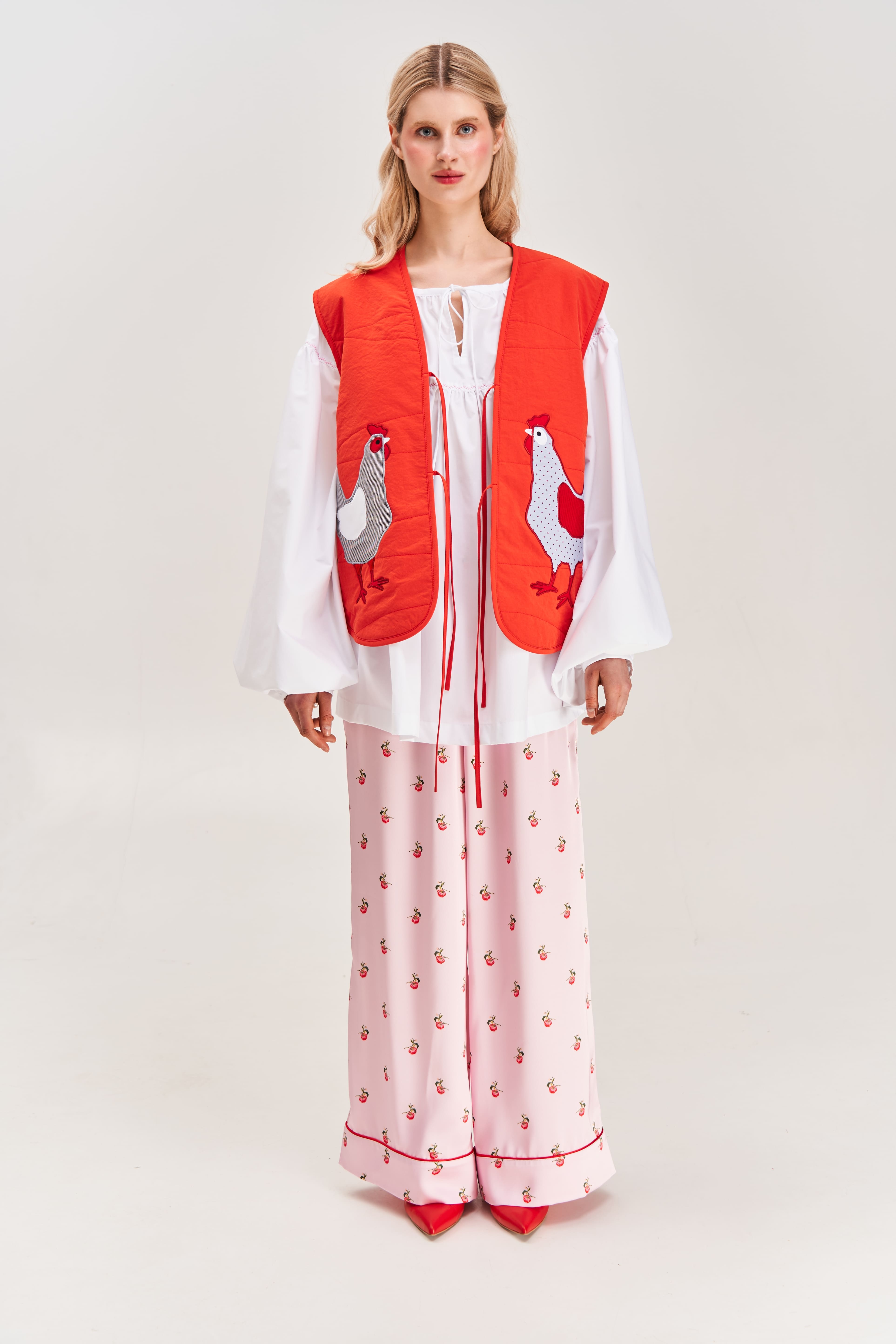 "Hens" Quilted Vest with Appliqué, Red