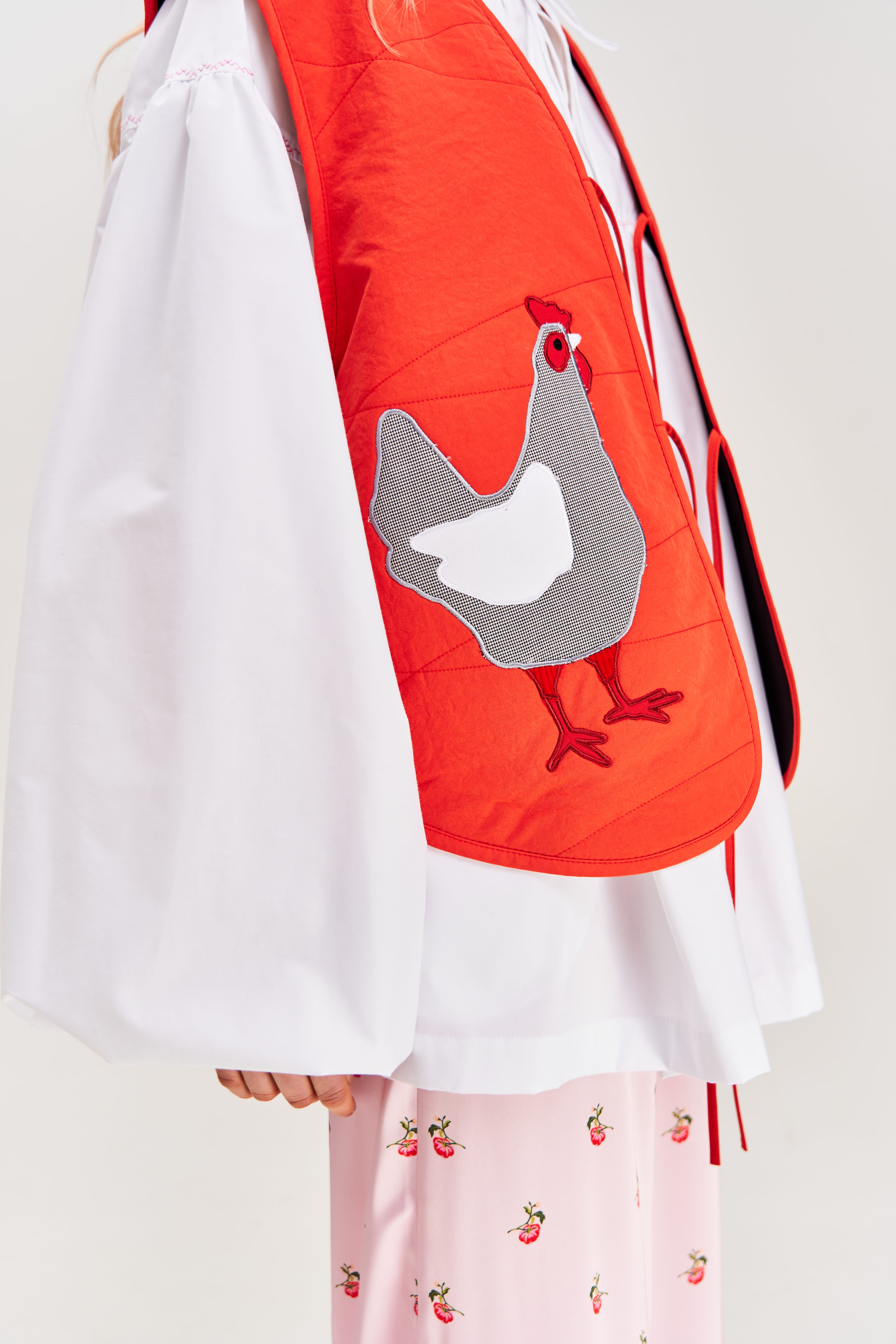 "Hens" Quilted Vest with Appliqué, Red