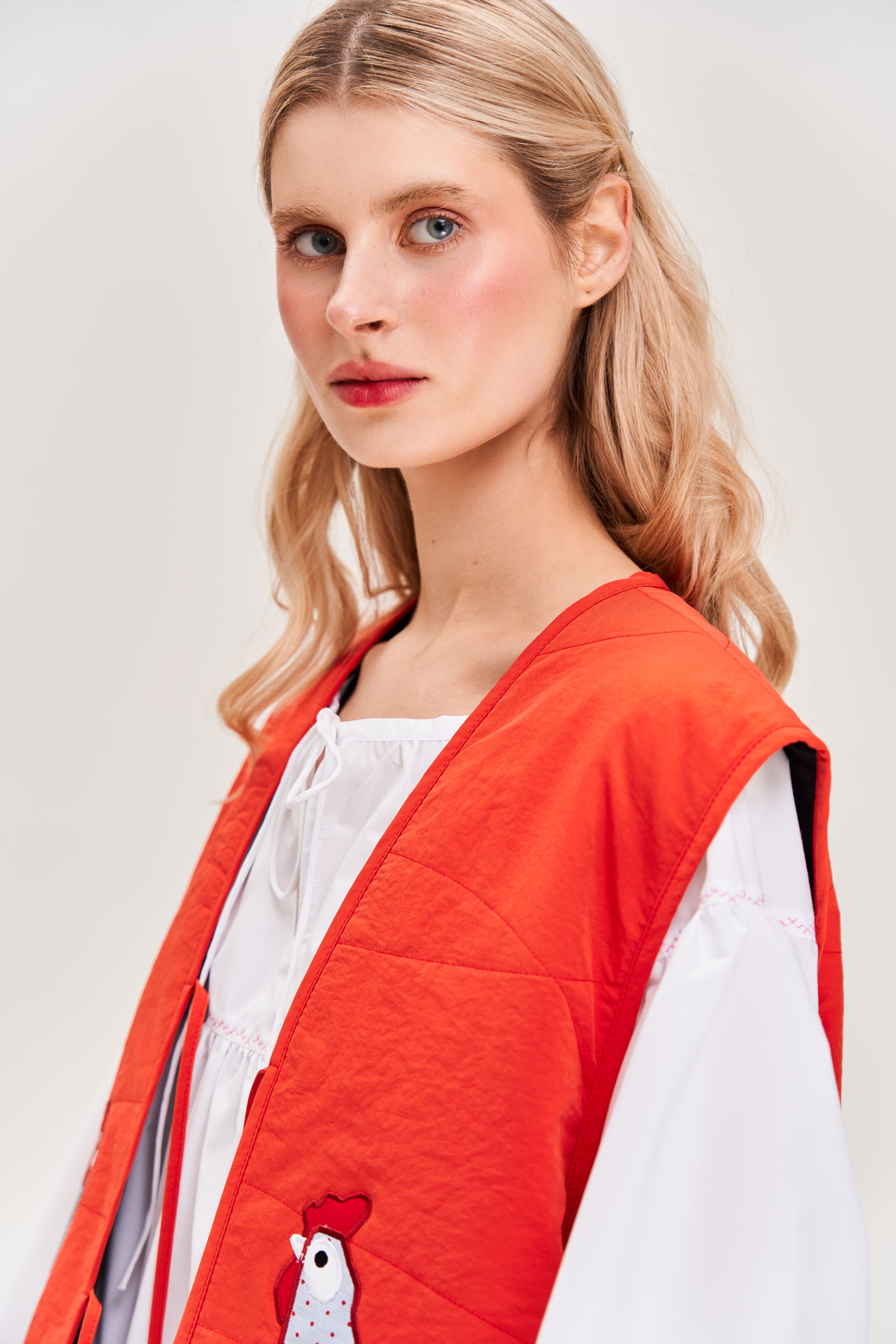 "Hens" Quilted Vest with Appliqué, Red