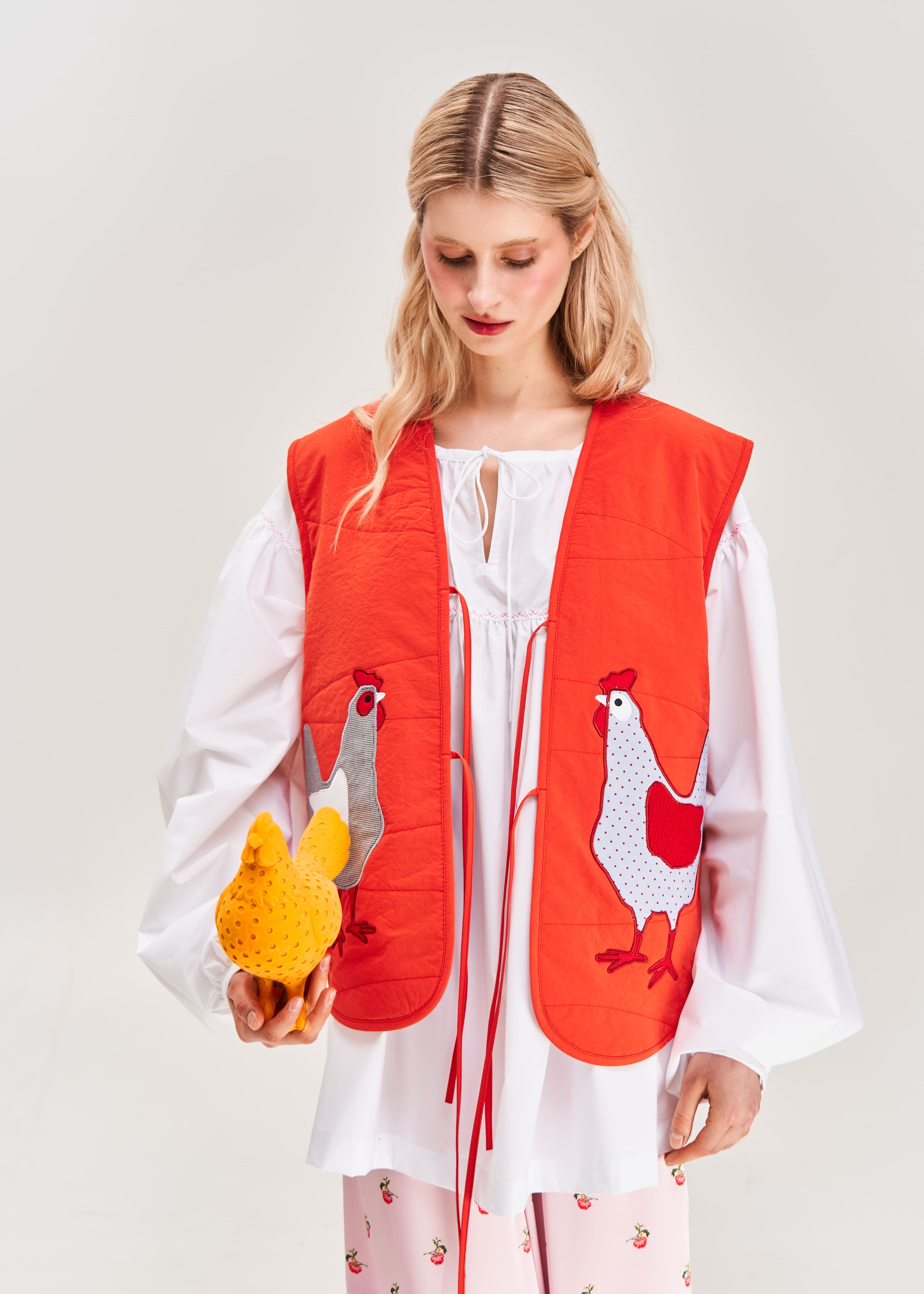 "Hens" Quilted Vest with Appliqué, Red