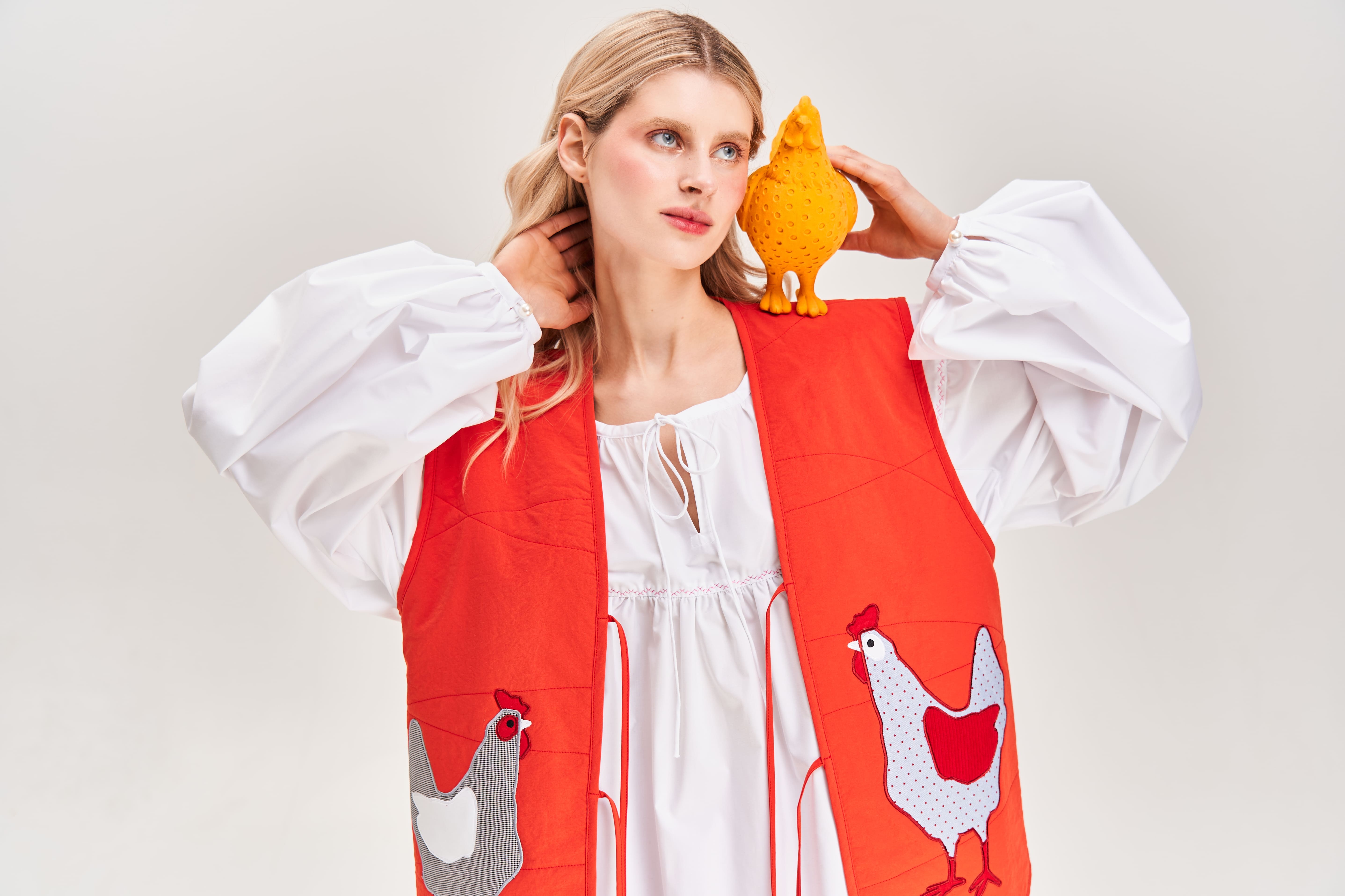"Hens" Quilted Vest with Appliqué, Red