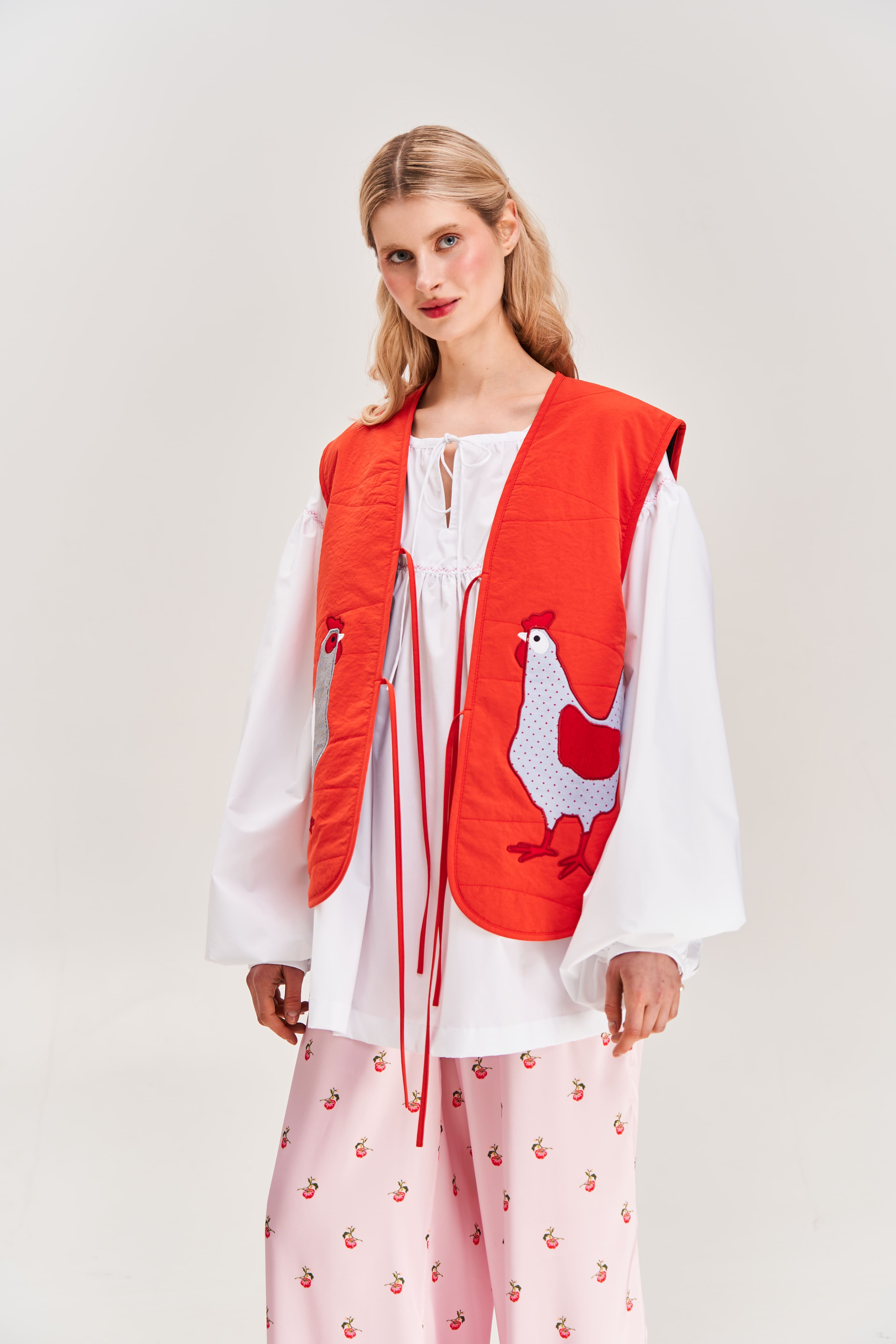 "Hens" Quilted Vest with Appliqué, Red