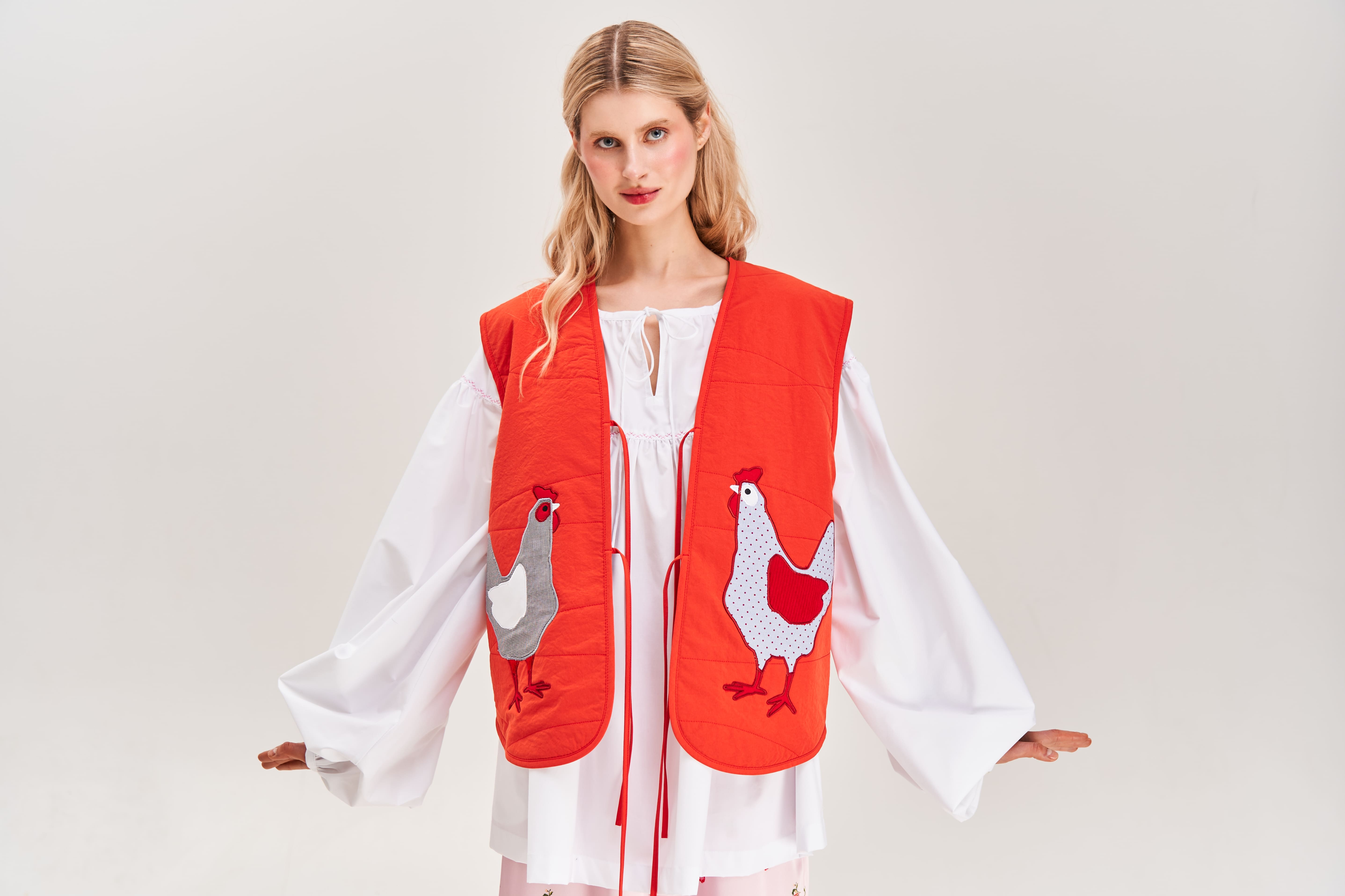 "Hens" Quilted Vest with Appliqué, Red