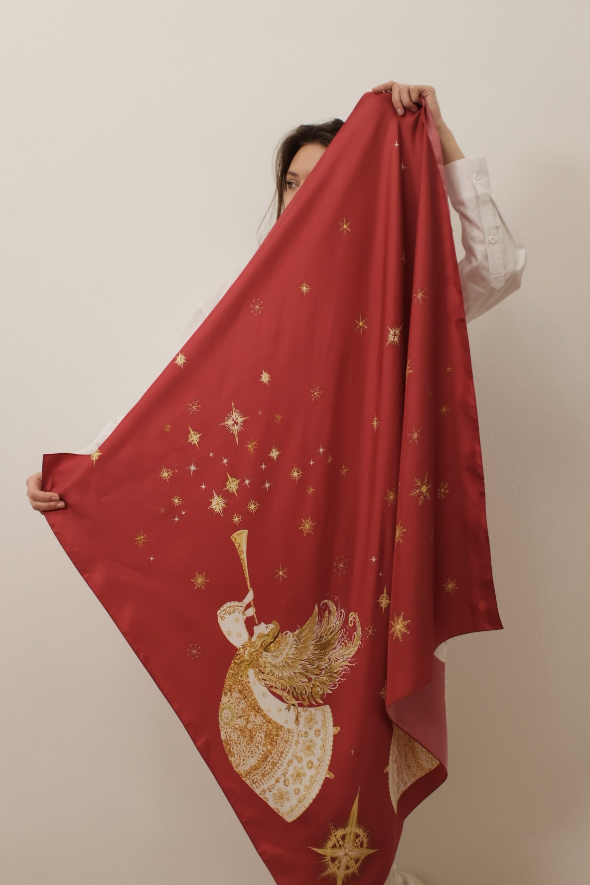 Red silk scarf with angels