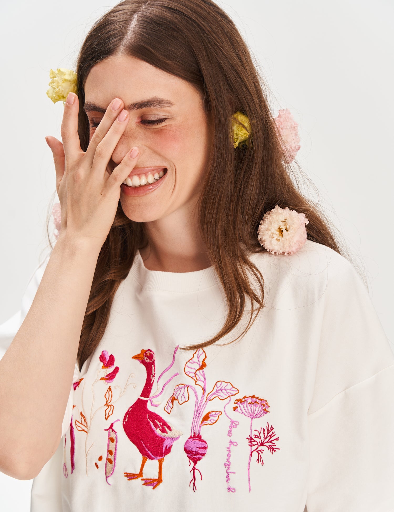 "In the Magic Garden" Embroidered T-shirt, Milky