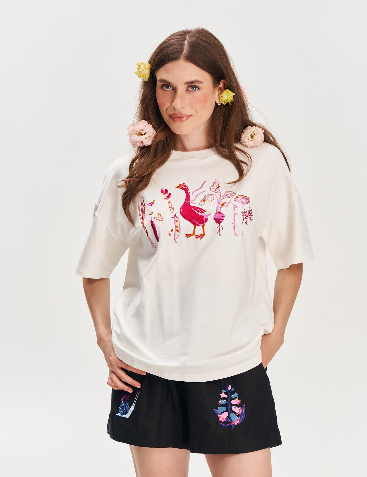 "In the Magic Garden" Embroidered T-shirt, Milky