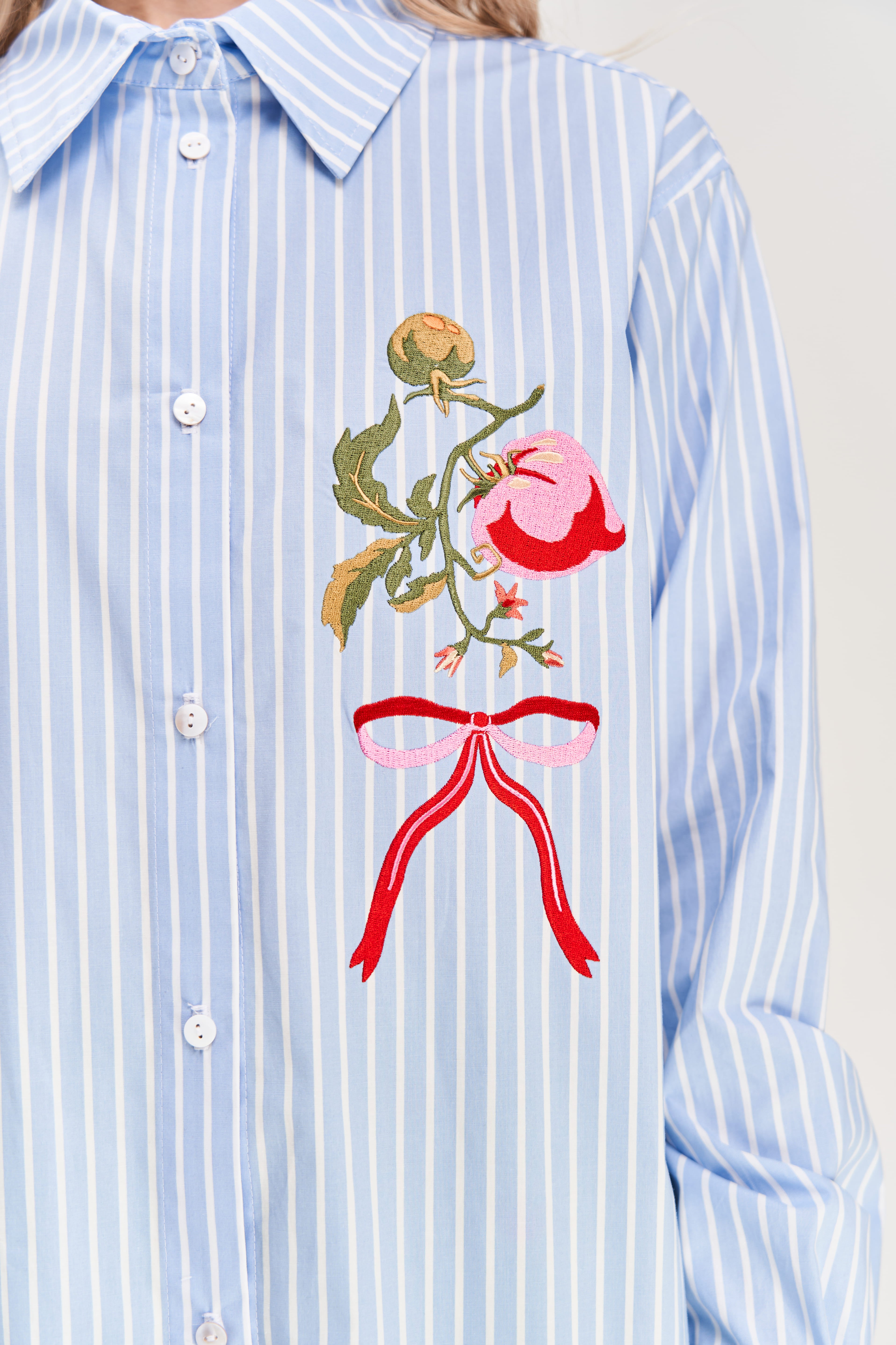 "Kherson Tomato" Embroidered Shirt, Light Blue Stripe