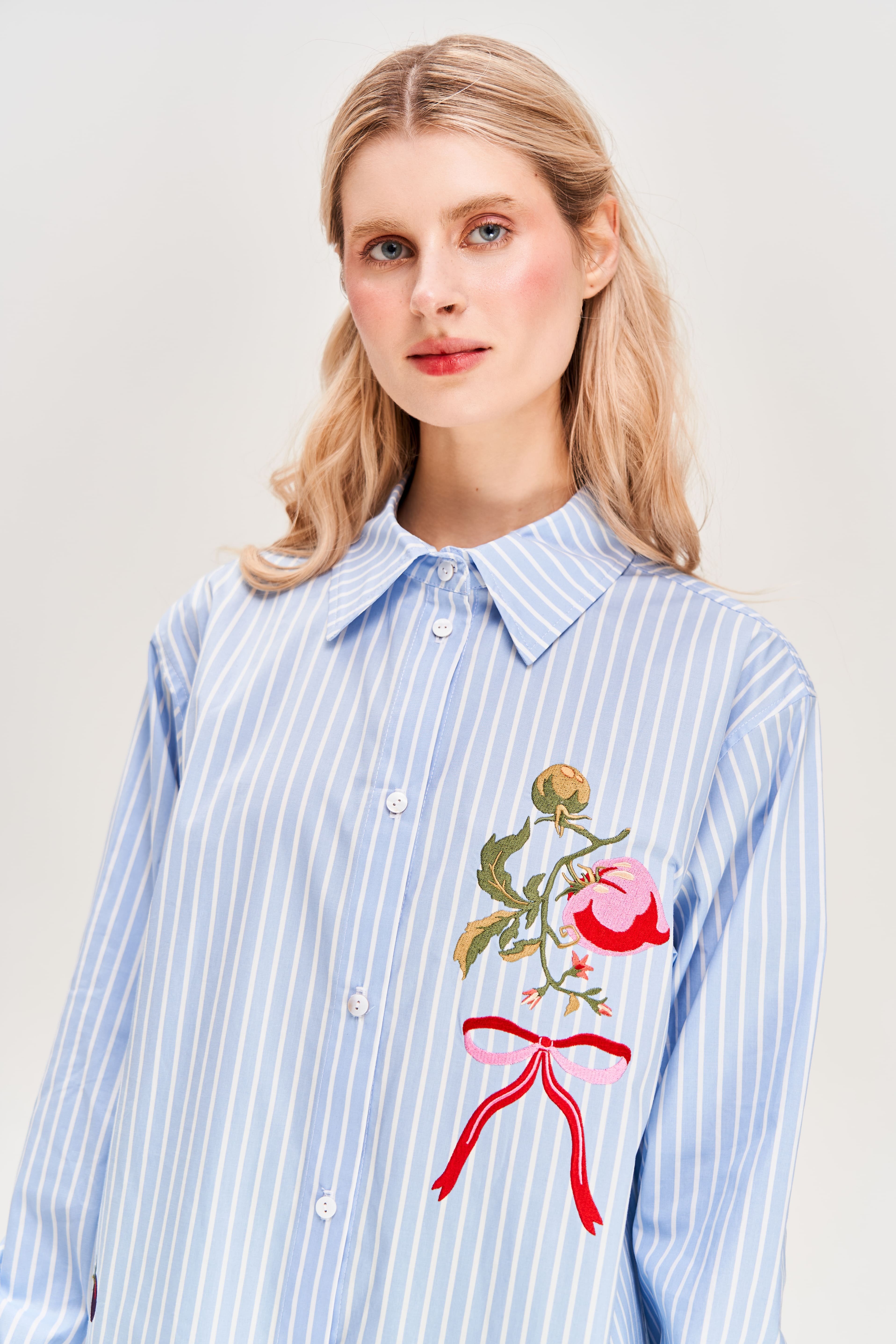 "Kherson Tomato" Embroidered Shirt, Light Blue Stripe