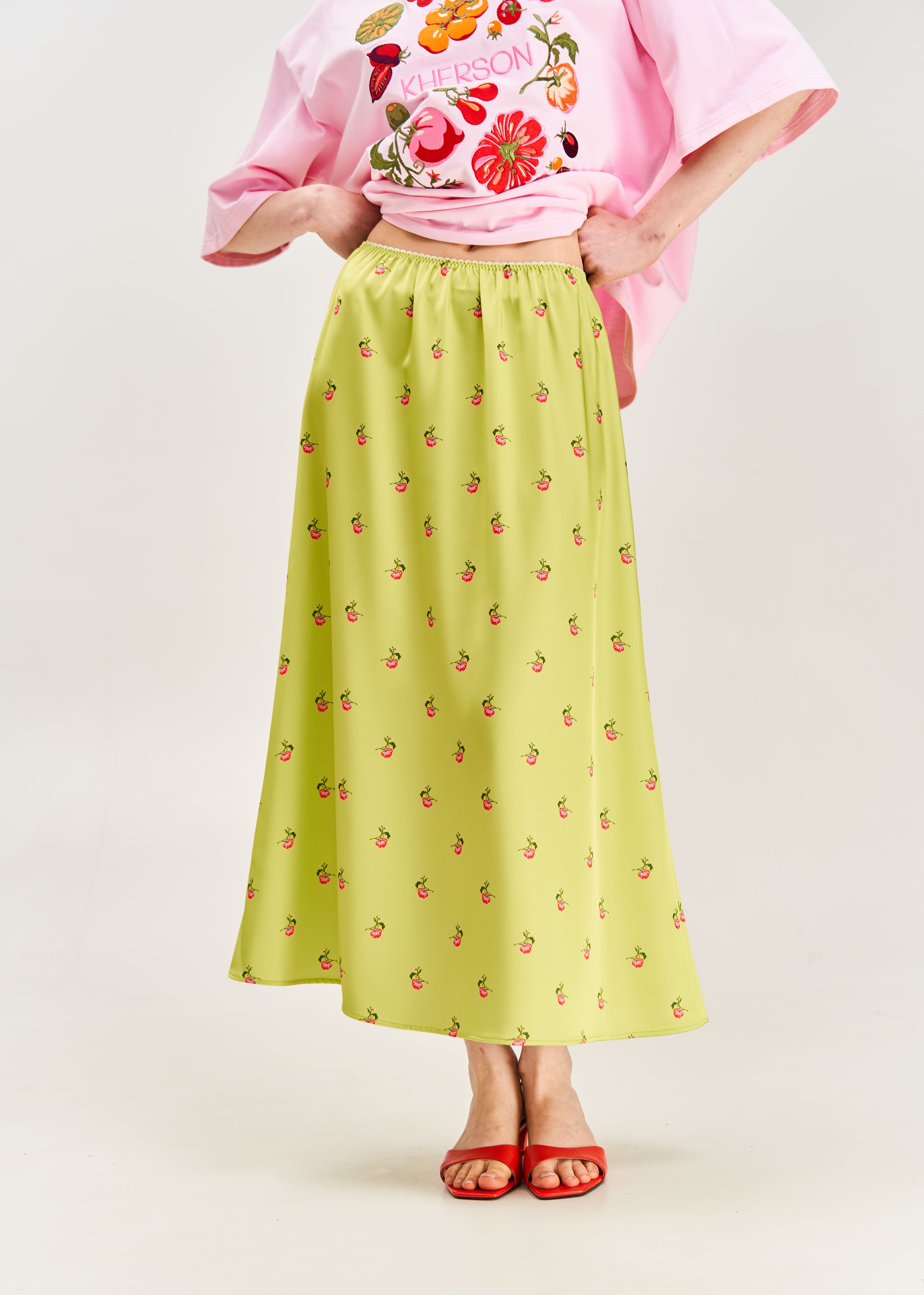 "Kherson Tomatoes" Printed Long Skirt, Green