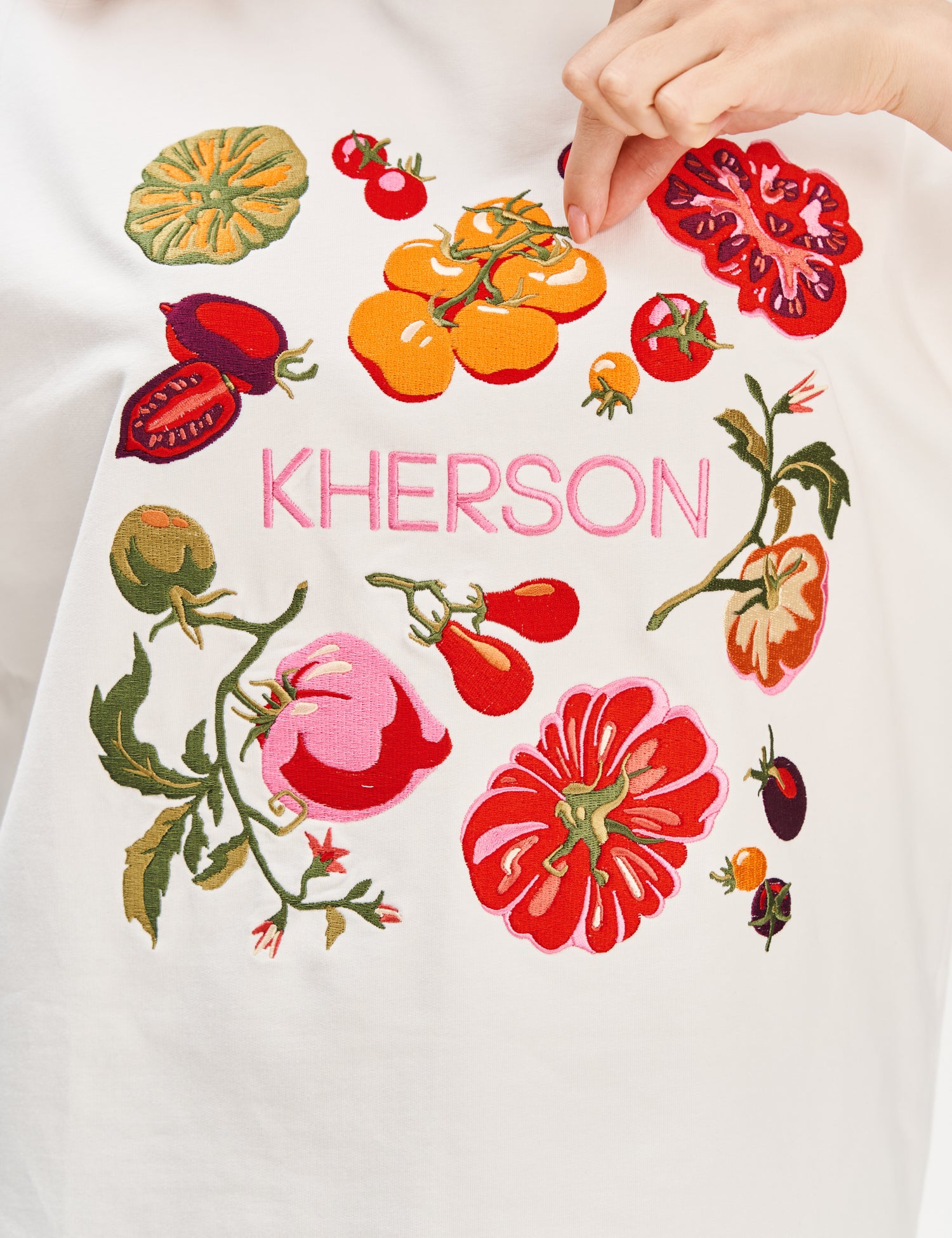 "Kherson Tomatoes" Embroidered T-shirt, Milky