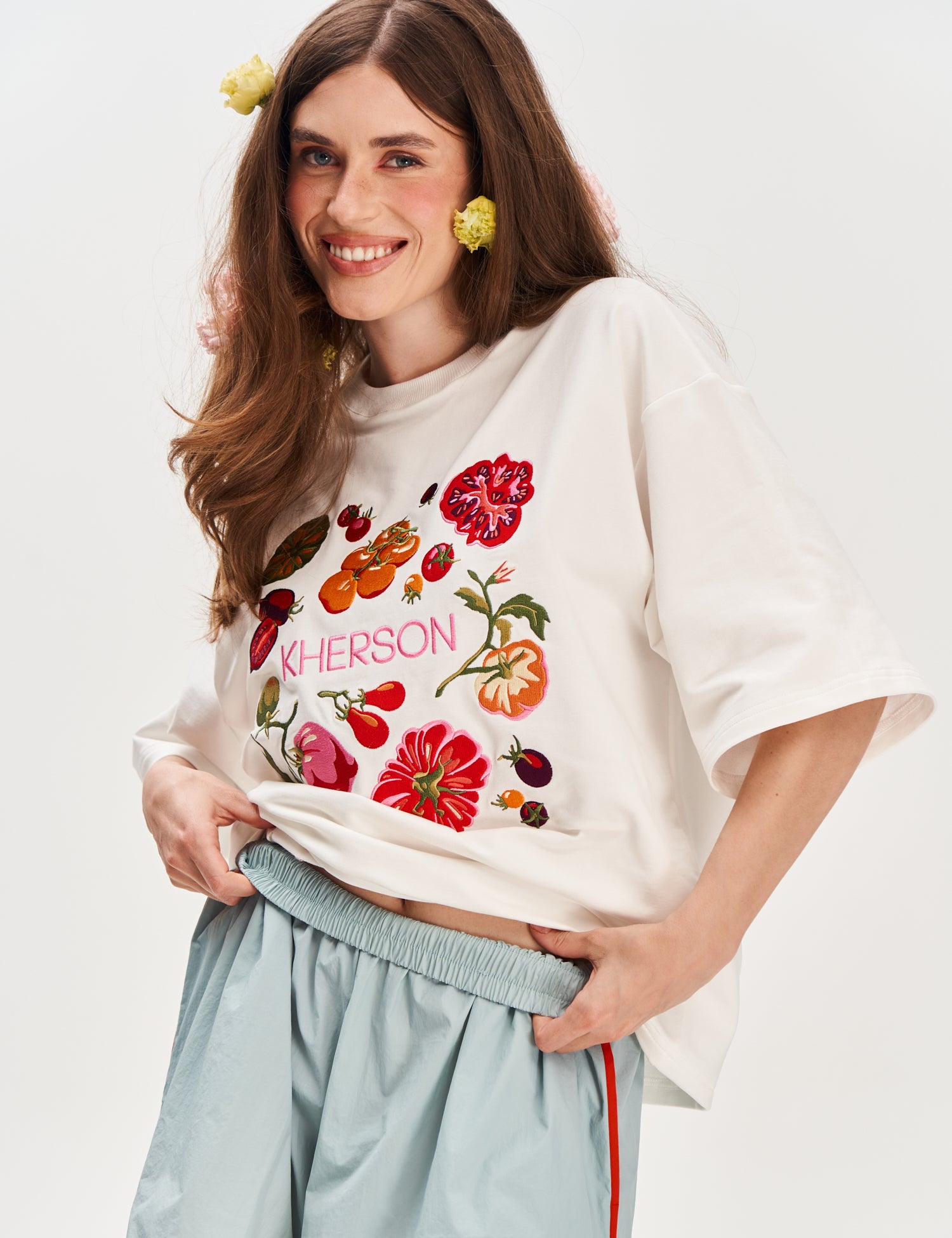 "Kherson Tomatoes" Embroidered T-shirt, Milky