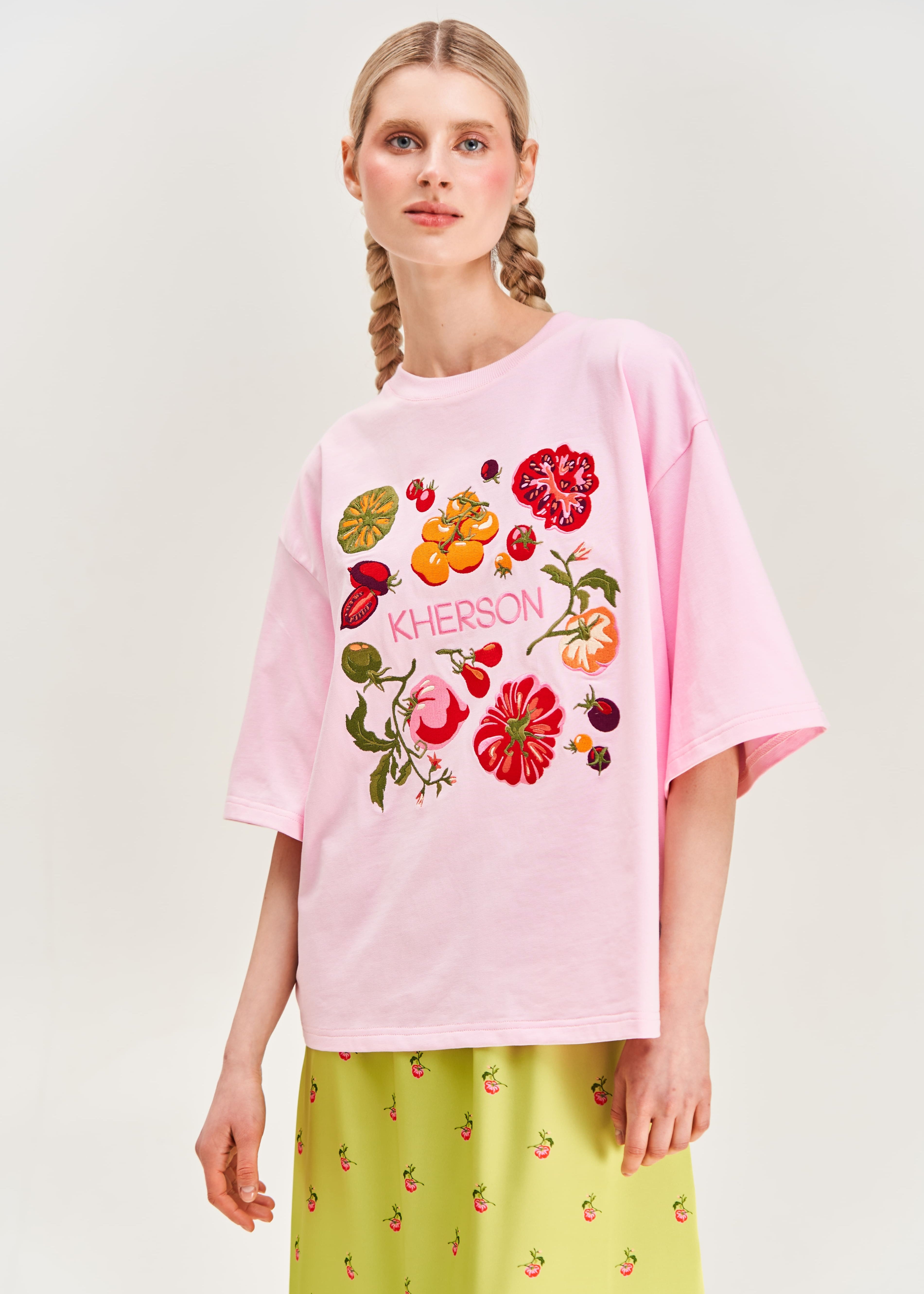 "Kherson Tomatoes" Embroidered T-shirt, Pink