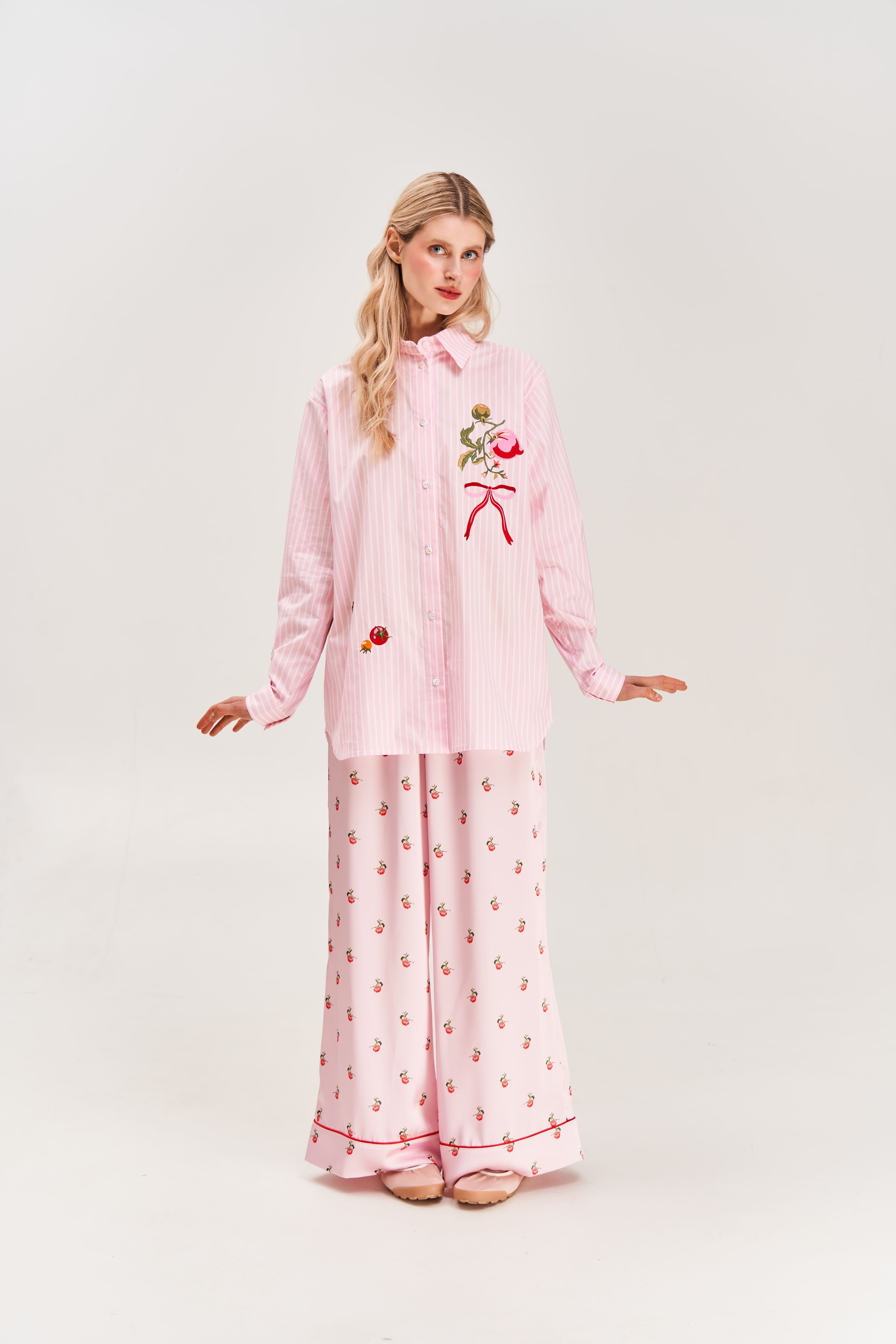 "Kherson Tomato" Embroidered Shirt, Pink Stripe
