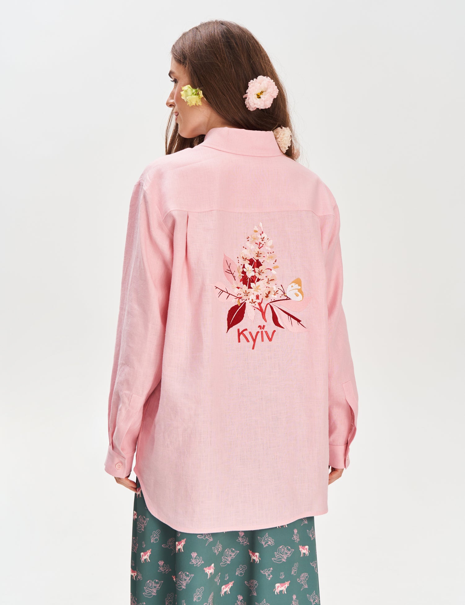"Kherson Tomato" Embroidered Shirt, Pink Stripe