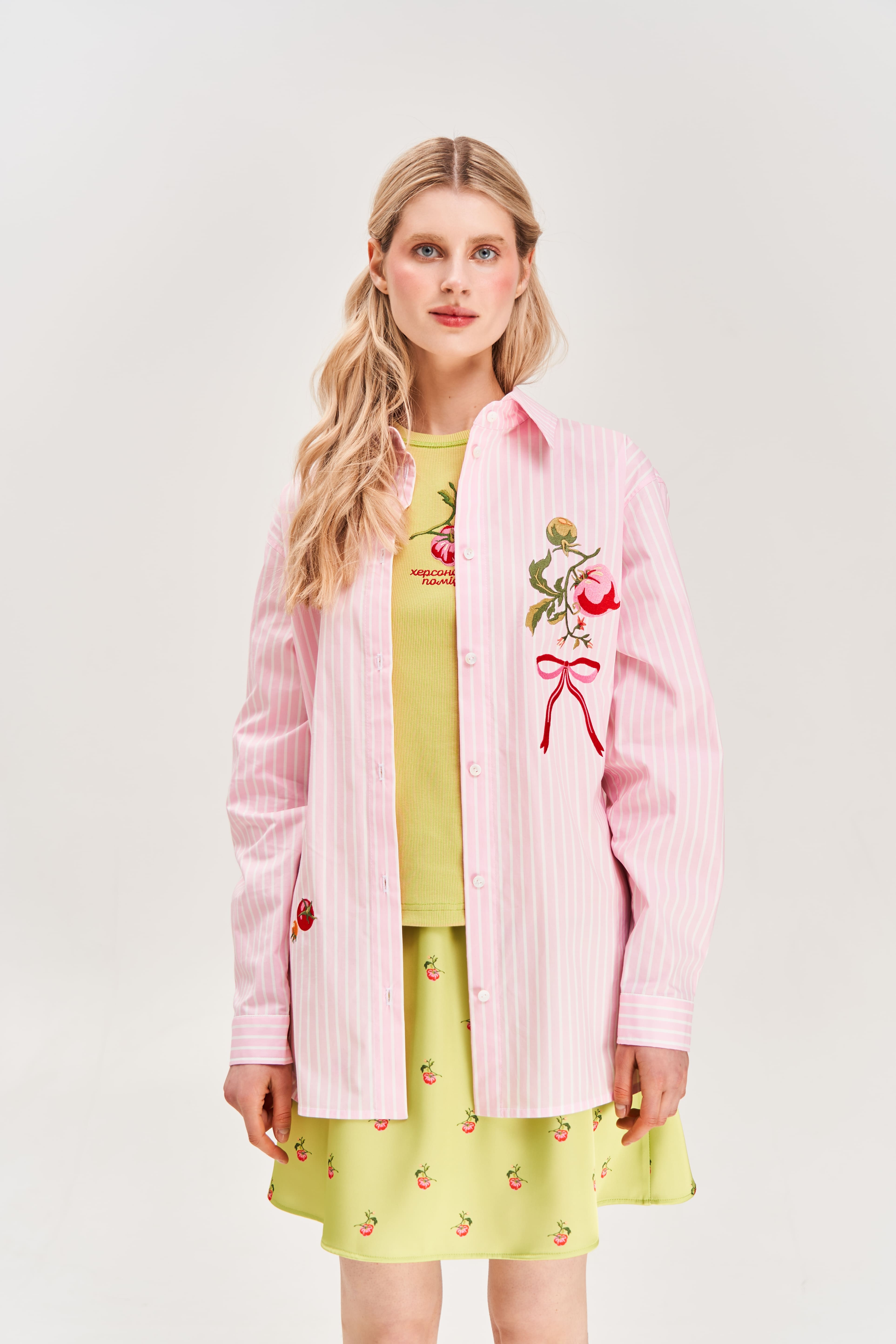 "Kherson Tomato" Embroidered Shirt, Pink Stripe