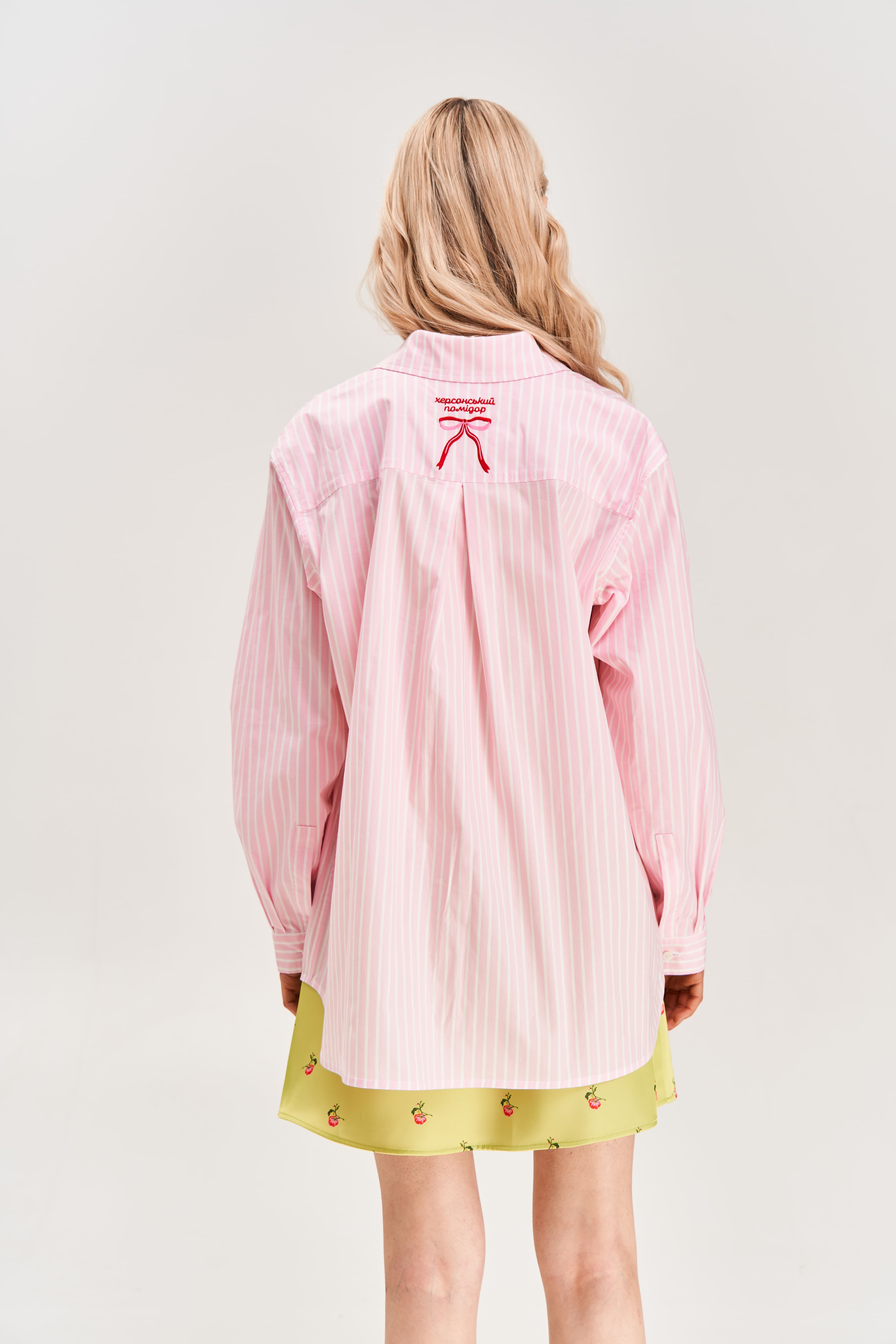 "Kherson Tomato" Embroidered Shirt, Pink Stripe