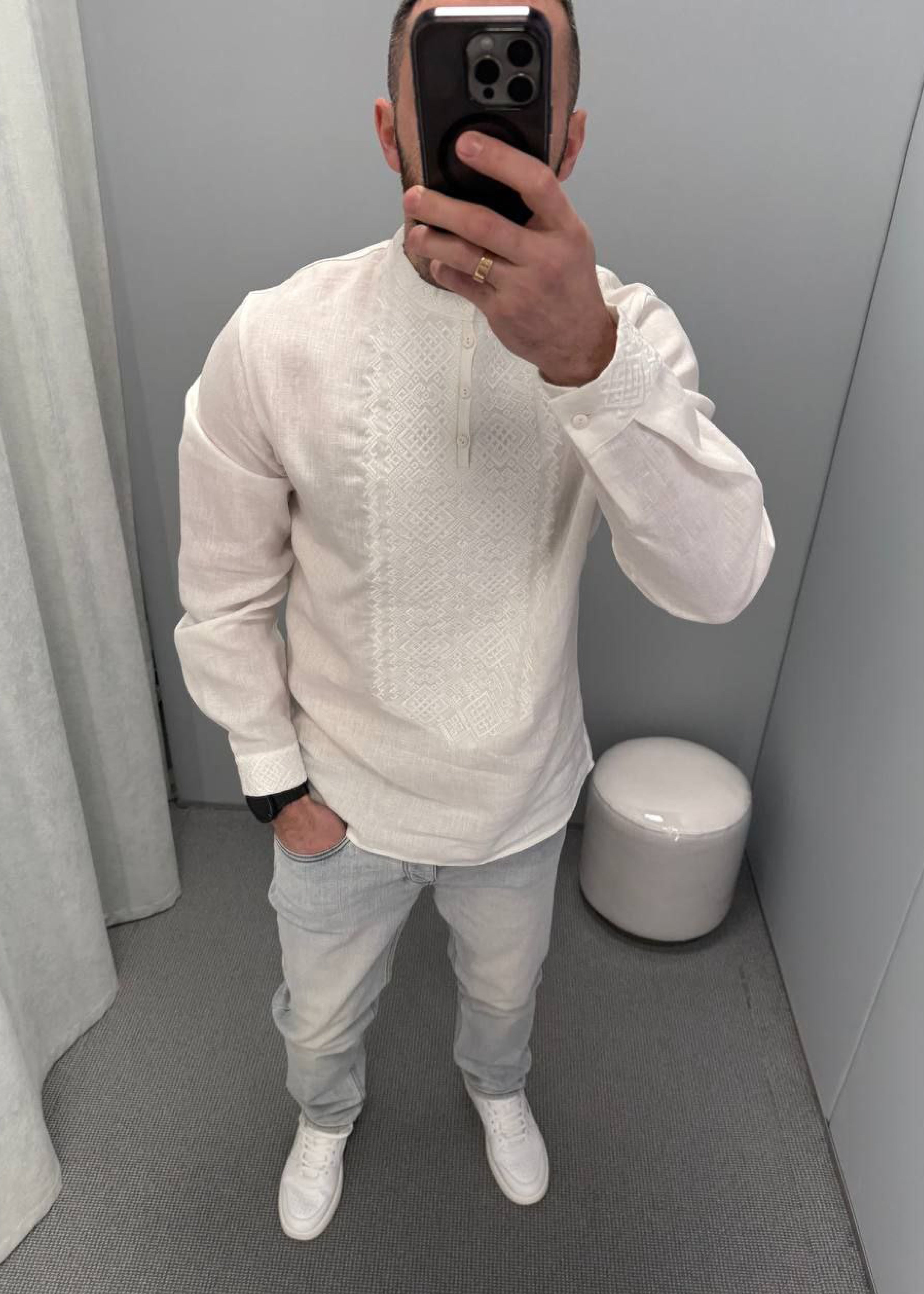 Men’s shirt with designer embroidery “Oprishok” white ornament