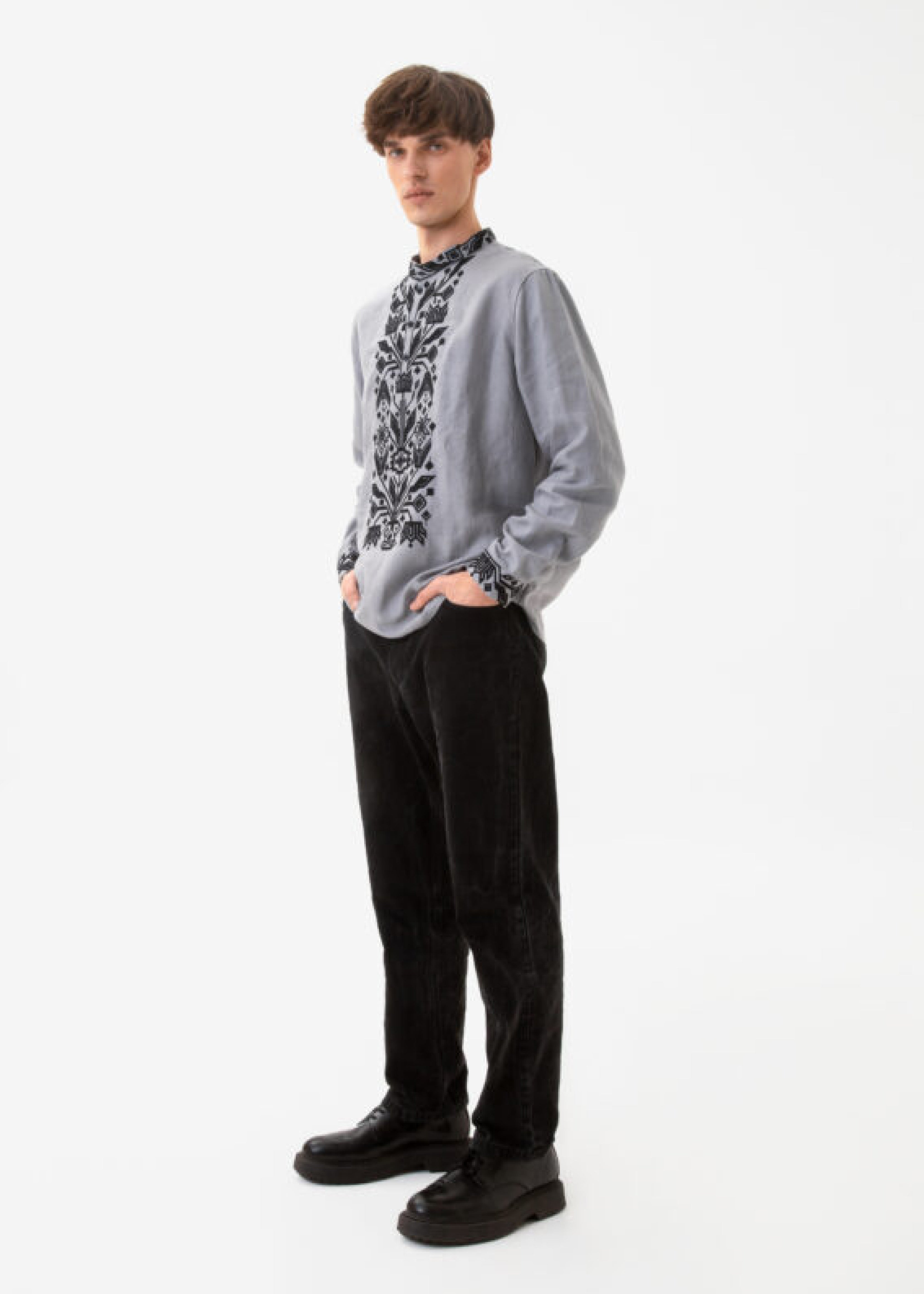 Men’s shirt with traditional embroidery “Kylymok” black ornament